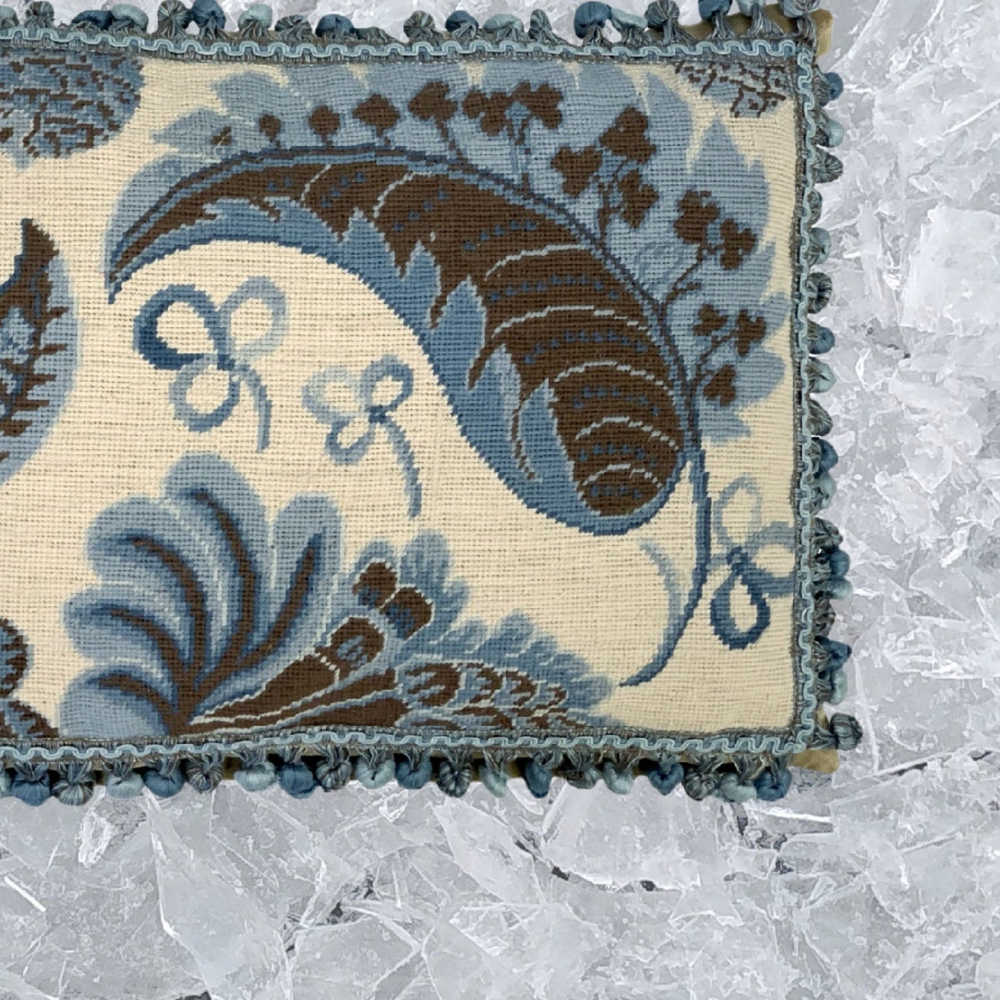 Handmade Wool Needlepoint Pillow Cover - Decorative Throw Cushion Cover - Vintage Floral Embroidery Designblue tropical leaves ivory background with tassels I