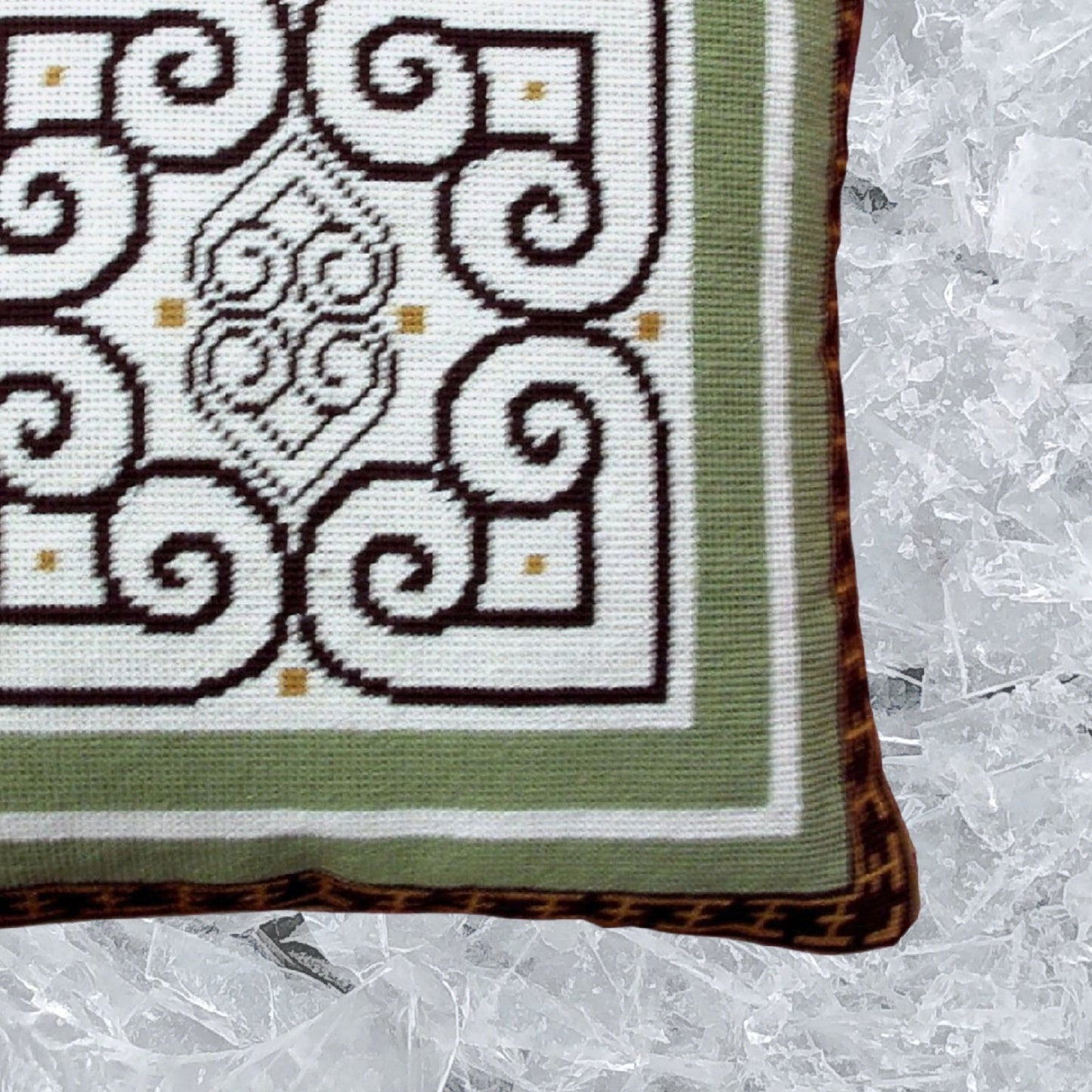 Handmade Wool Needlepoint Pillow Cover - Decorative Throw Cushion Cover - Vintage Floral Embroidery Design tapestry heartscroll design green/brown