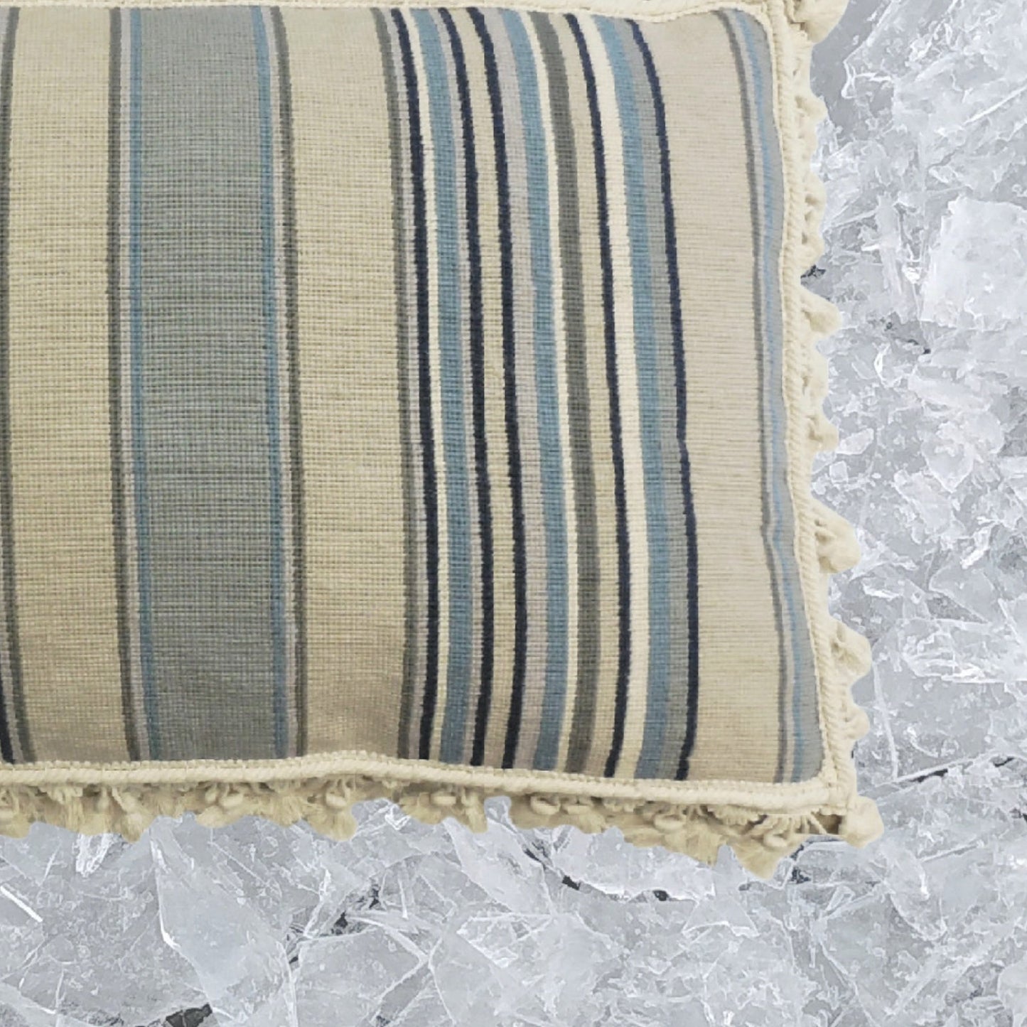 Handmade Wool Needlepoint Pillow Cover - Decorative Throw Cushion Cover - Vintage Floral Embroidery Design strips in blue/sand/navy/ivory with tassels