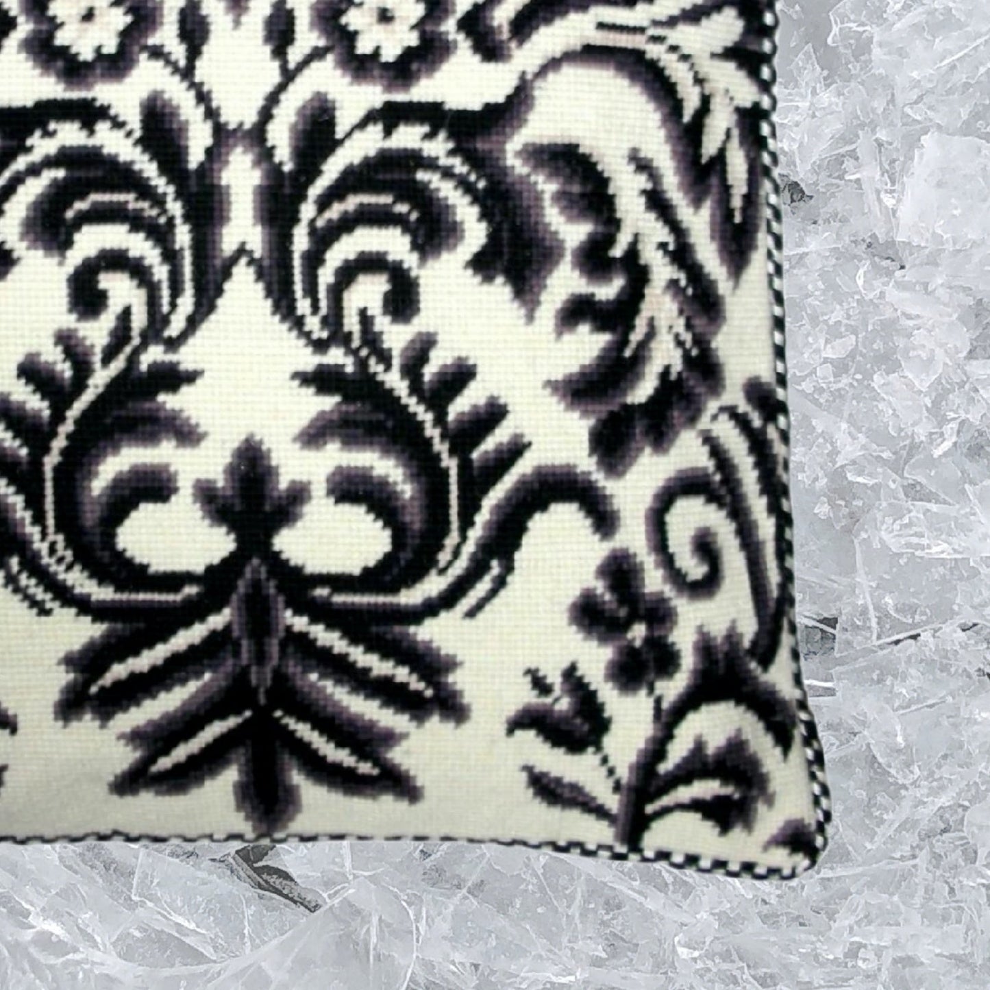 Handmade Wool Needlepoint Pillow Cover - Decorative Throw Cushion Cover - Vintage Floral Embroidery Design b/w floral deisgn with 2 color cording
