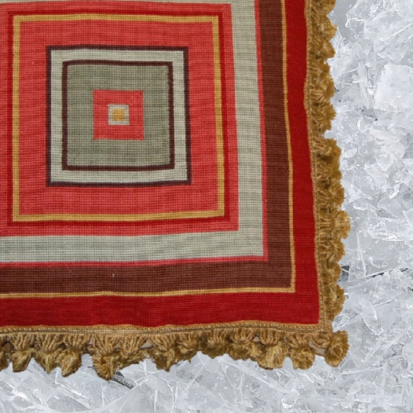 Handmade Wool Needlepoint Pillow Cover - Decorative Throw Cushion Cover - Vintage Floral Embroidery Design square in red, brown, green with golden tassels