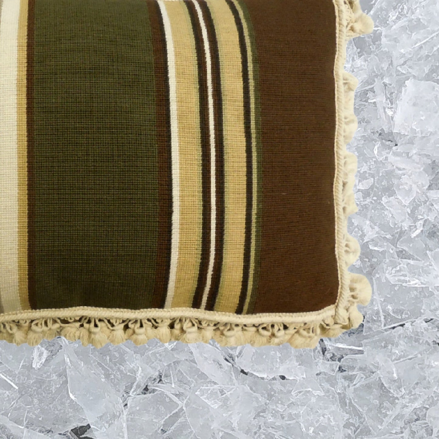 Handmade Wool Needlepoint Pillow Cover - Decorative Throw Cushion Cover - Vintage Floral Embroidery Design strips in green, brown, ivory with tassels