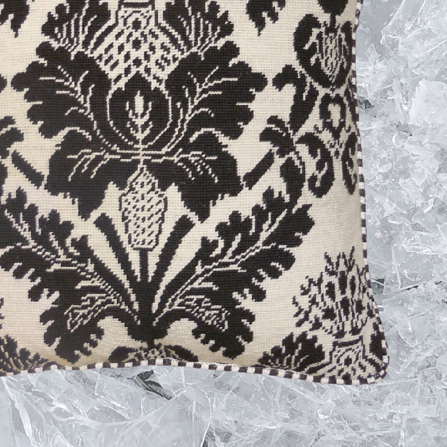 Handmade Wool Needlepoint Pillow Cover - Decorative Throw Cushion Cover - Vintage Floral Embroidery Design brown/white with cording