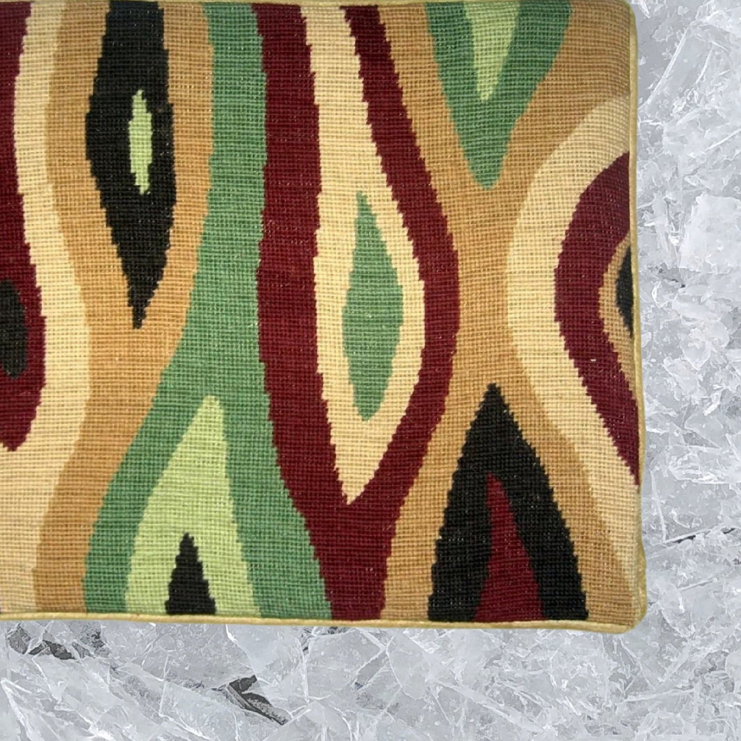 Handmade Wool Needlepoint Pillow Cover - Decorative Throw Cushion Cover - Vintage Floral Embroidery Design geography in red, green, sand on gold background