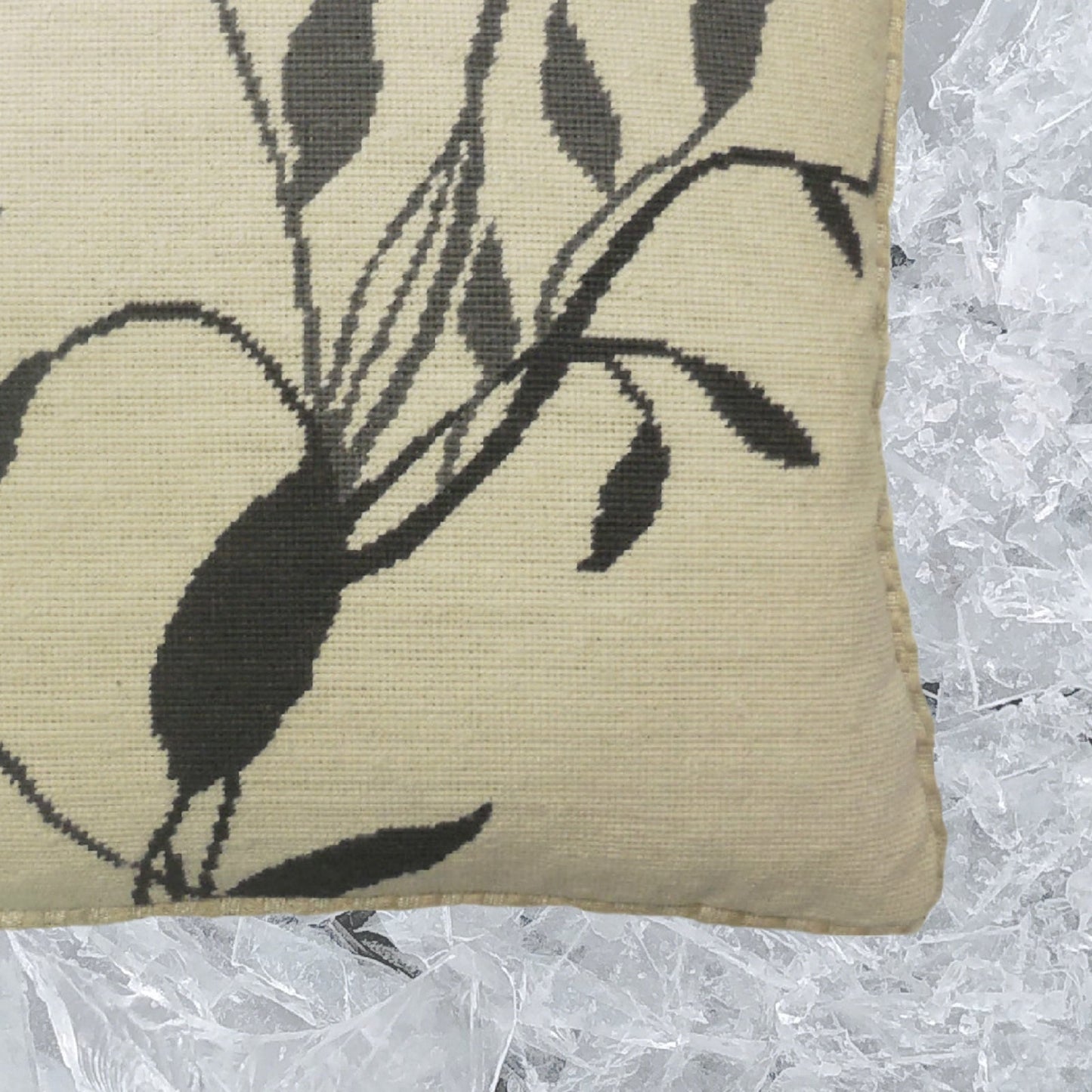 Handmade Wool Needlepoint Pillow Cover - Decorative Throw Cushion Cover - Vintage Floral Embroidery Design gray/black leaves off-white background with checker cording