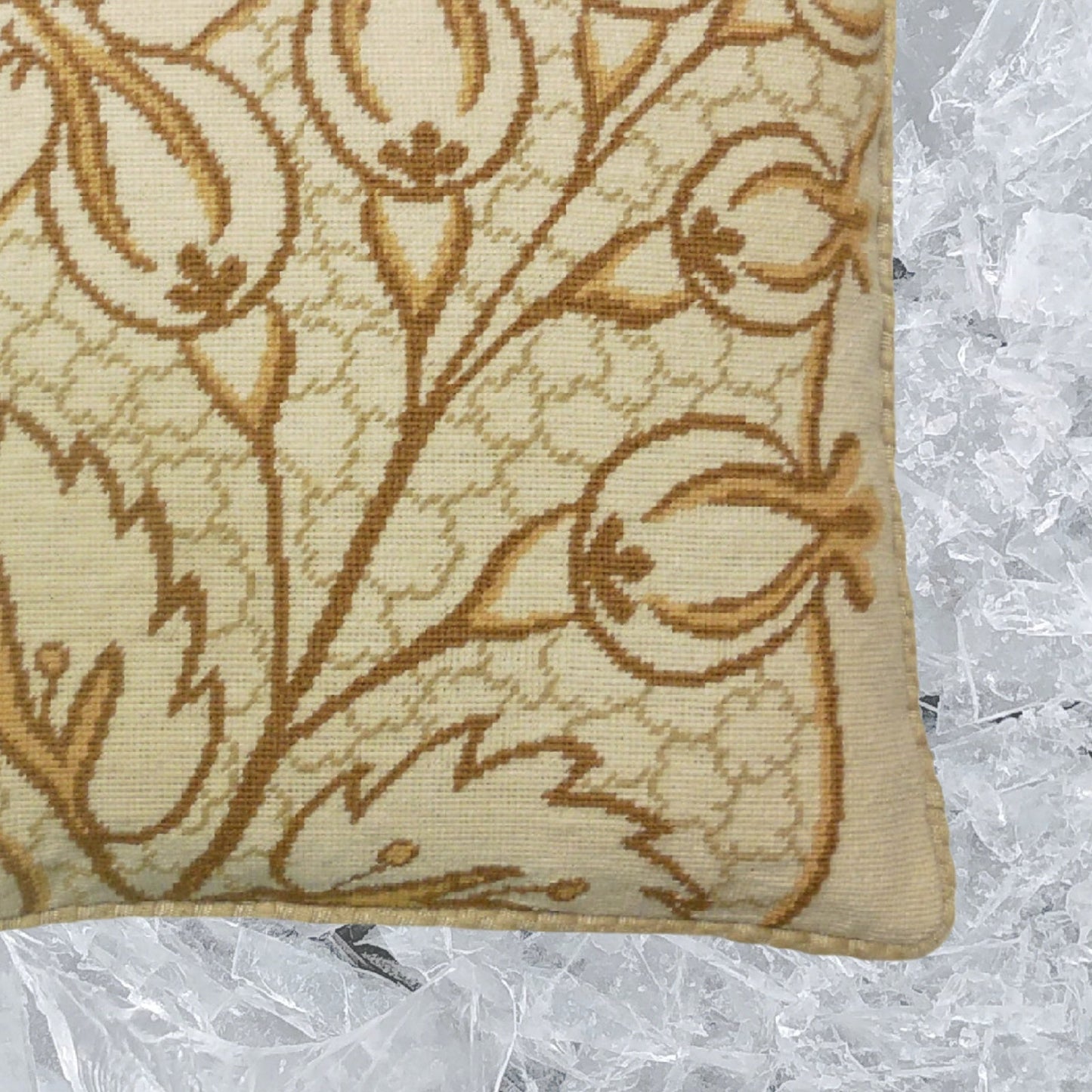 Handmade Wool Needlepoint Pillow Cover - Decorative Throw Cushion Cover - Vintage Floral Embroidery Design brown/yellow big leaves/Flowers checker cording