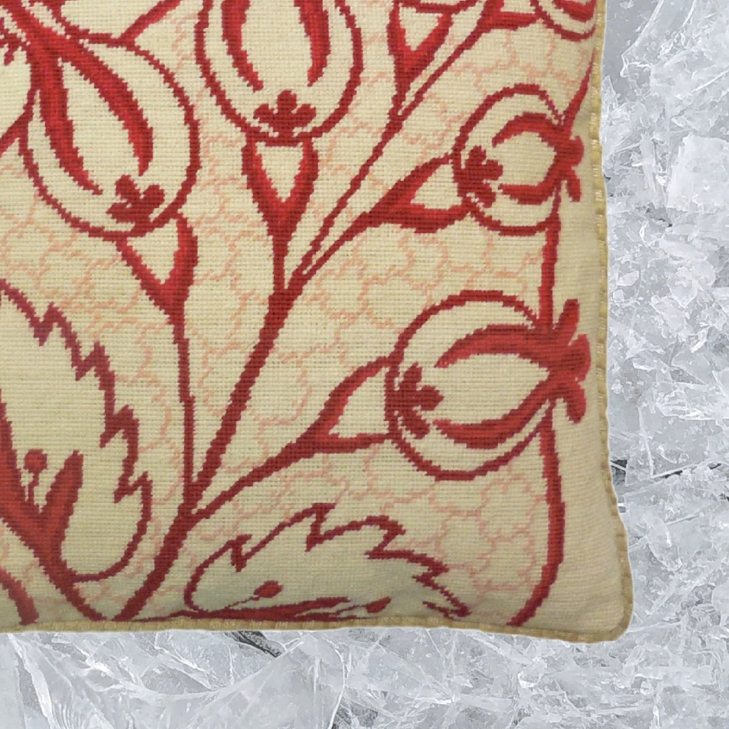 Handmade Wool Needlepoint Pillow Cover - Decorative Throw Cushion Cover - Vintage Floral Embroidery Design red big leaves/flowers checker cording