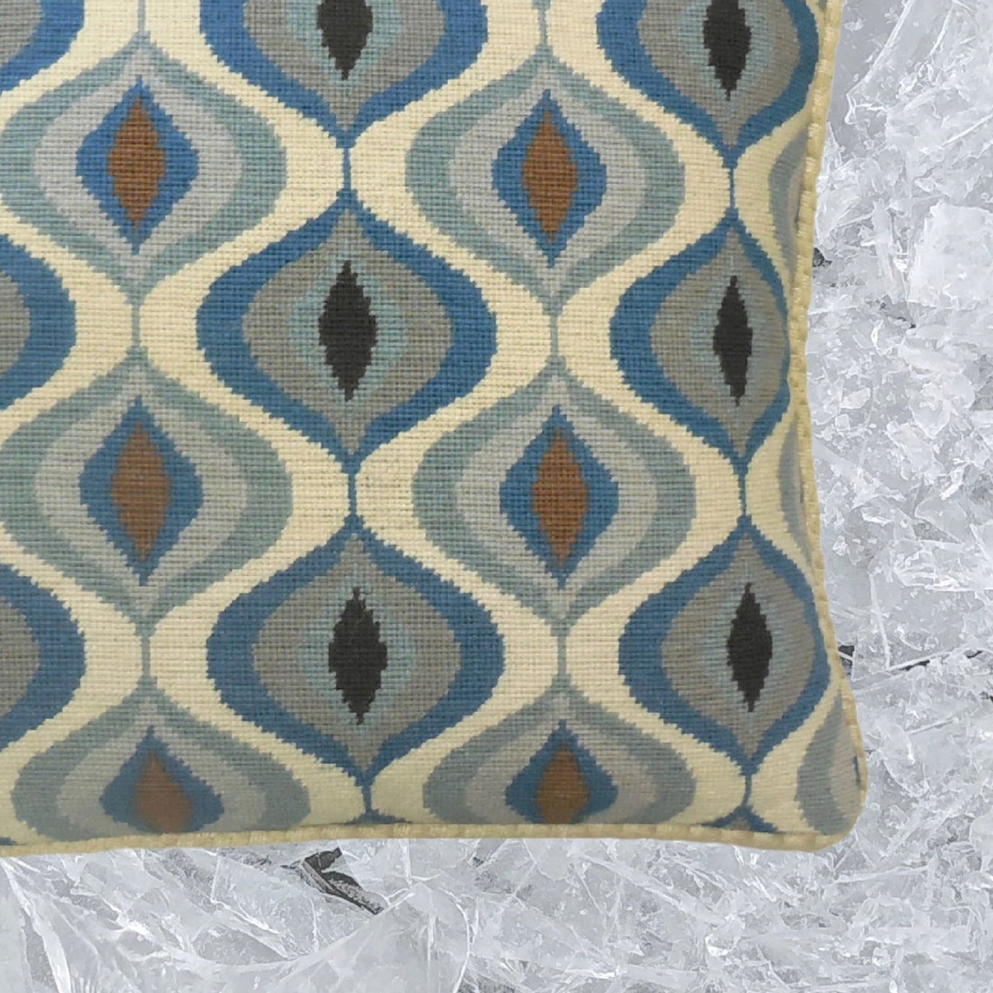 Handmade Wool Needlepoint Pillow Cover - Decorative Throw Cushion Cover - Vintage Floral Embroidery Design blue water drop pattern checker cording