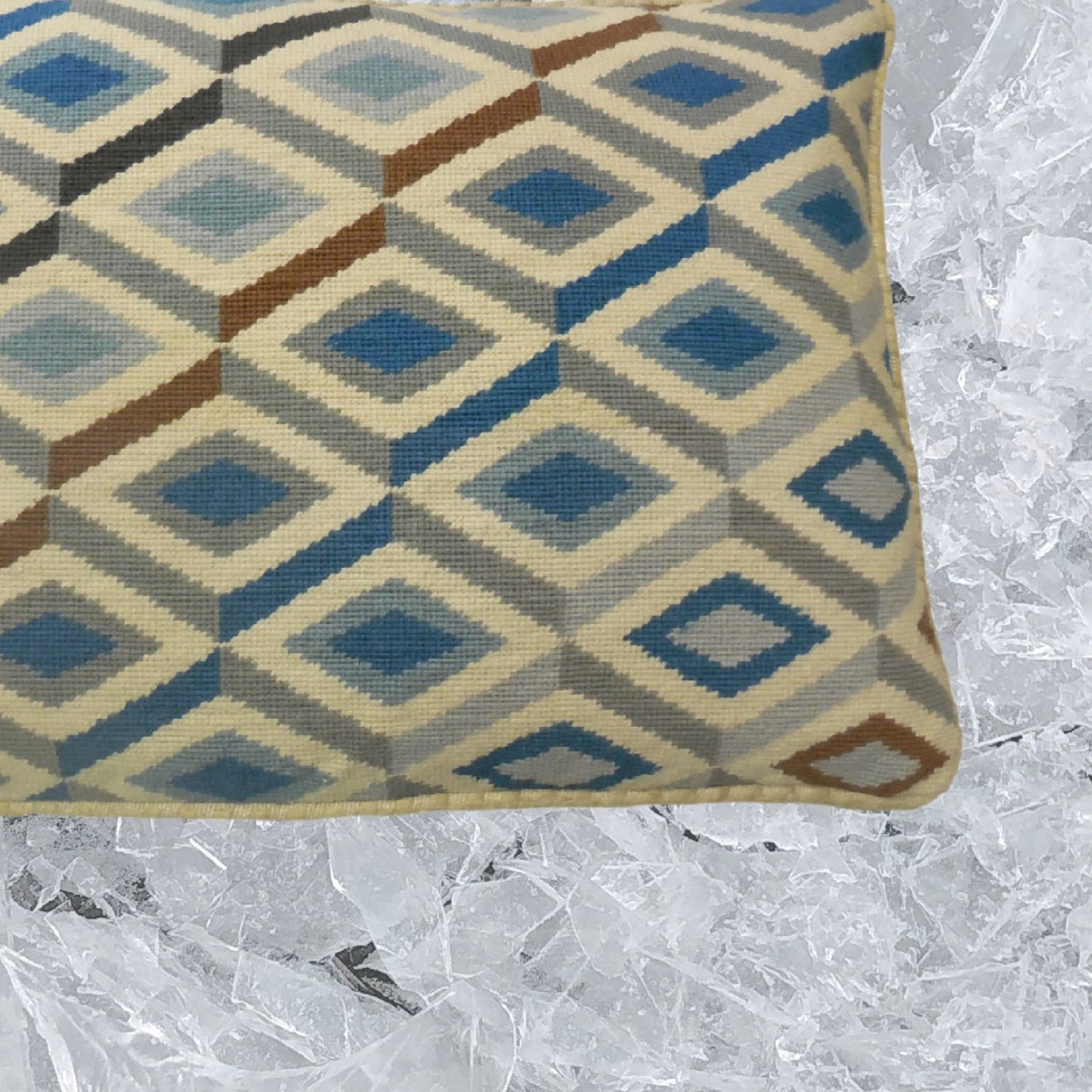 Handmade Wool Needlepoint Pillow Cover - Decorative Throw Cushion Cover - Vintage Floral Embroidery Design blue-gray-brown 3D square checker cording