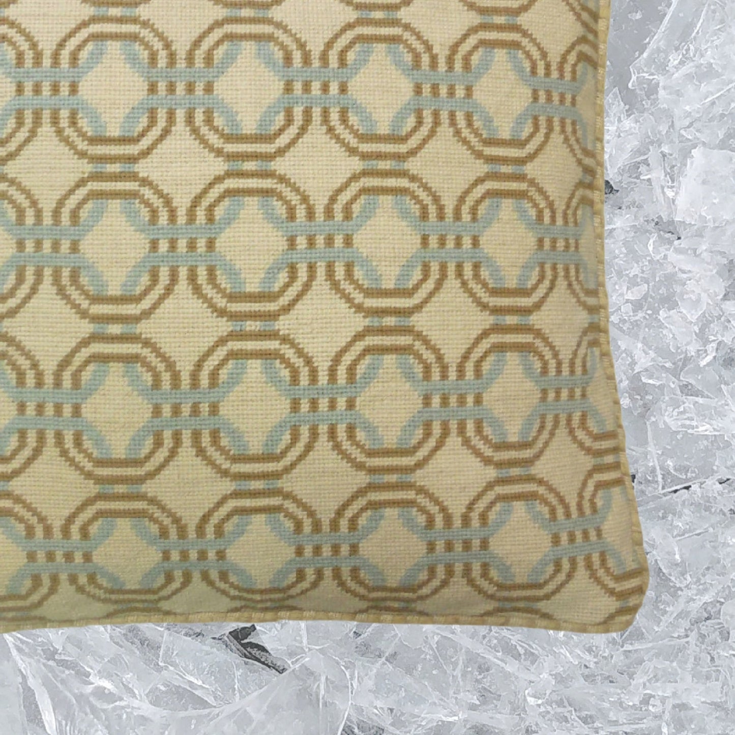 Handmade Wool Needlepoint Pillow Cover - Decorative Throw Cushion Cover - Vintage Floral Embroidery Design chain circle light blue/mustard yellow checker cording
