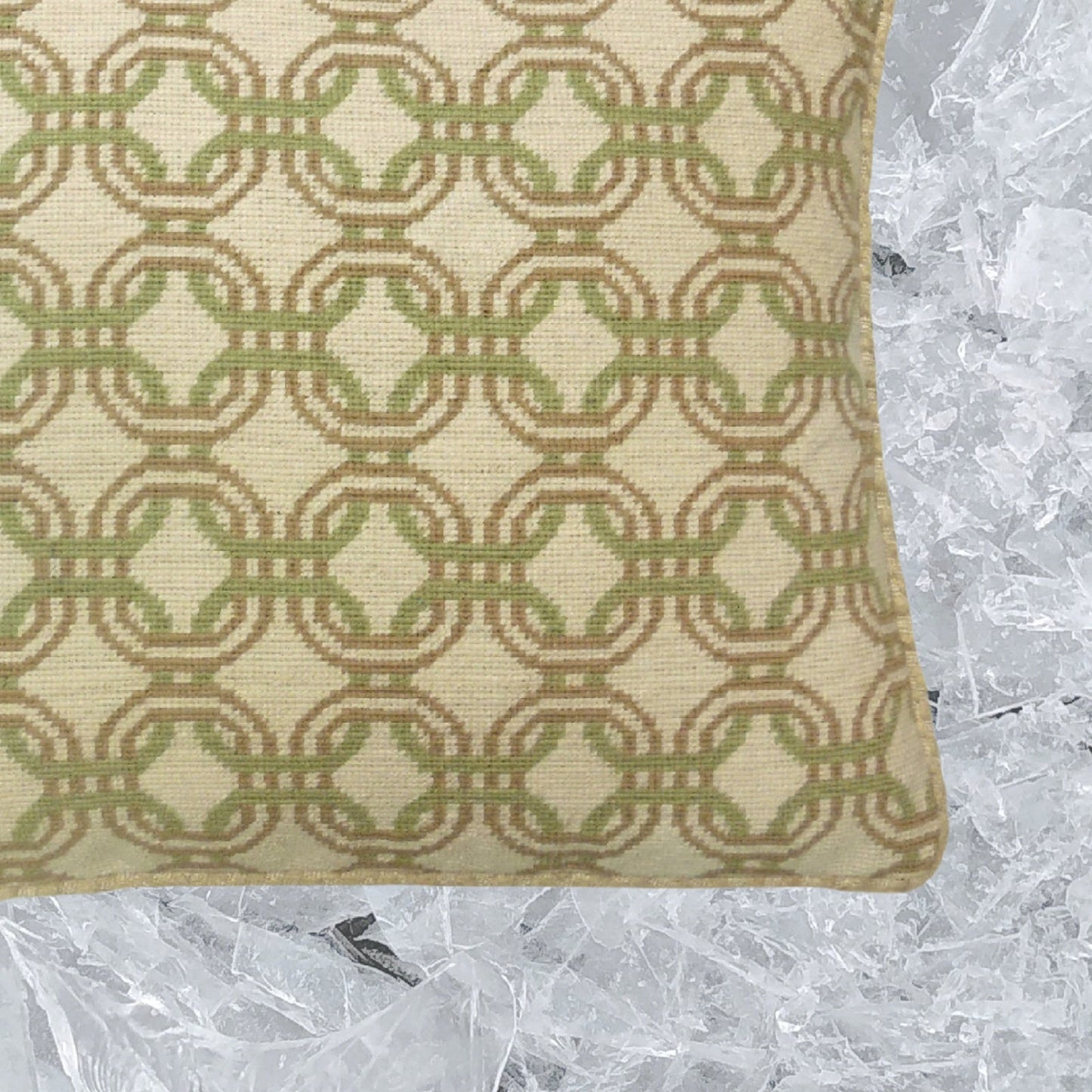 Handmade Wool Needlepoint Pillow Cover - Decorative Throw Cushion Cover - Vintage Floral Embroidery Design chain circle lime green/mustard yellow checker cording
