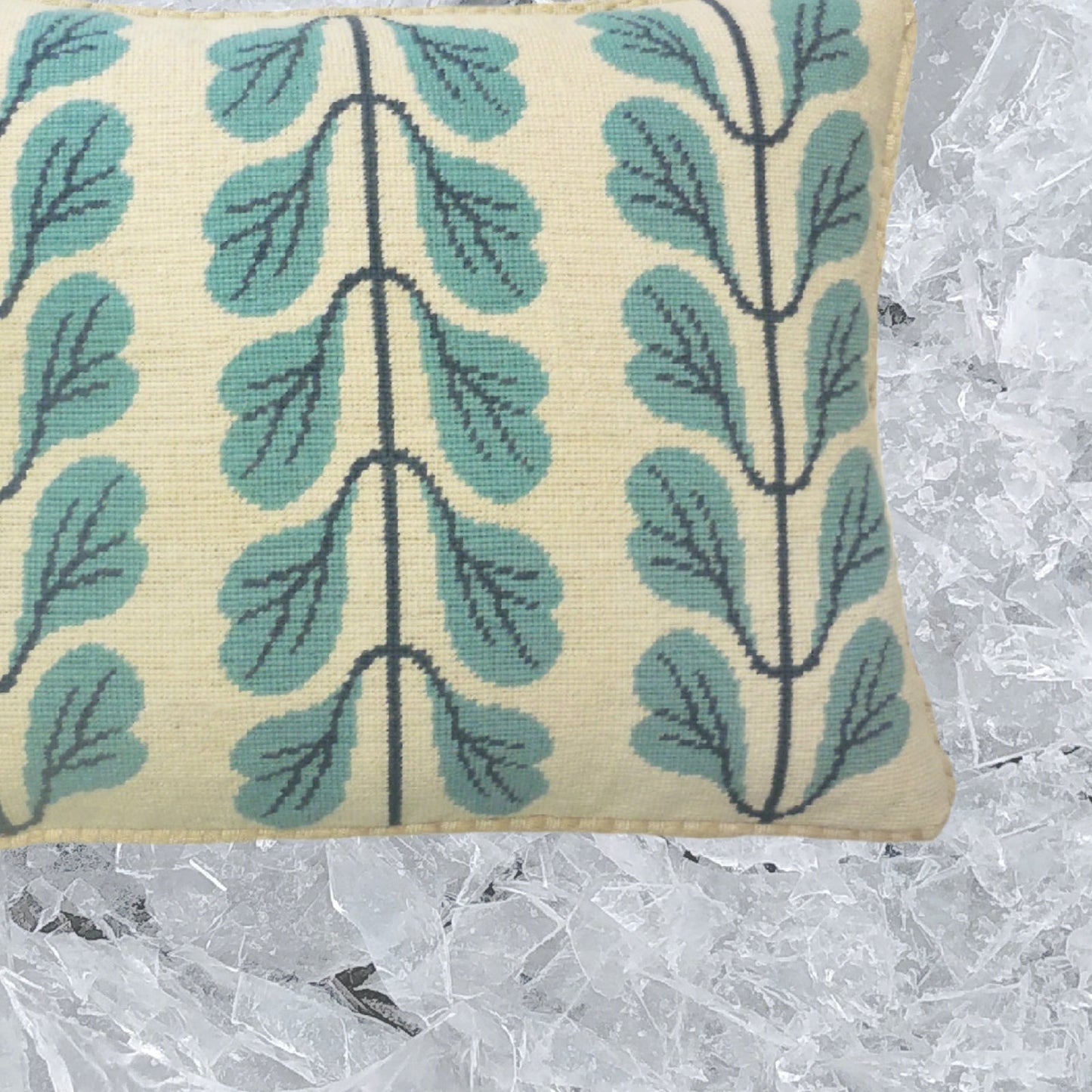 Handmade Wool Needlepoint Pillow Cover - Decorative Throw Cushion Cover - Vintage Floral Embroidery Design 3 lines blue leaves checker cording