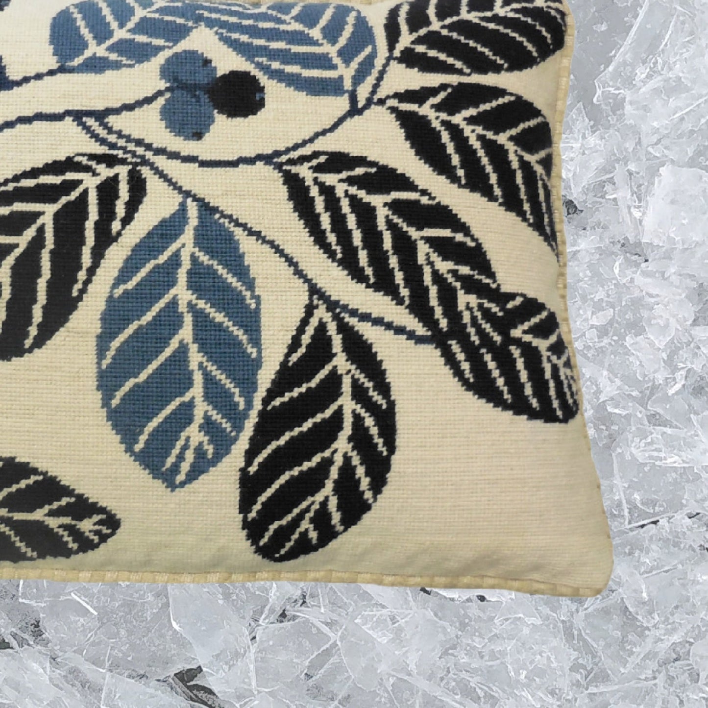 Handmade Wool Needlepoint Pillow Cover - Decorative Throw Cushion Cover - Vintage Floral Embroidery Design blue cherry checker cording