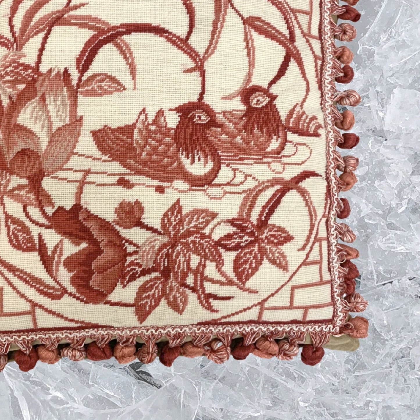 Handmade Wool Needlepoint Pillow Cover - Decorative Throw Cushion Cover - Vintage Floral Embroidery Design  red Mandarin Ducks lotus flower with tassels