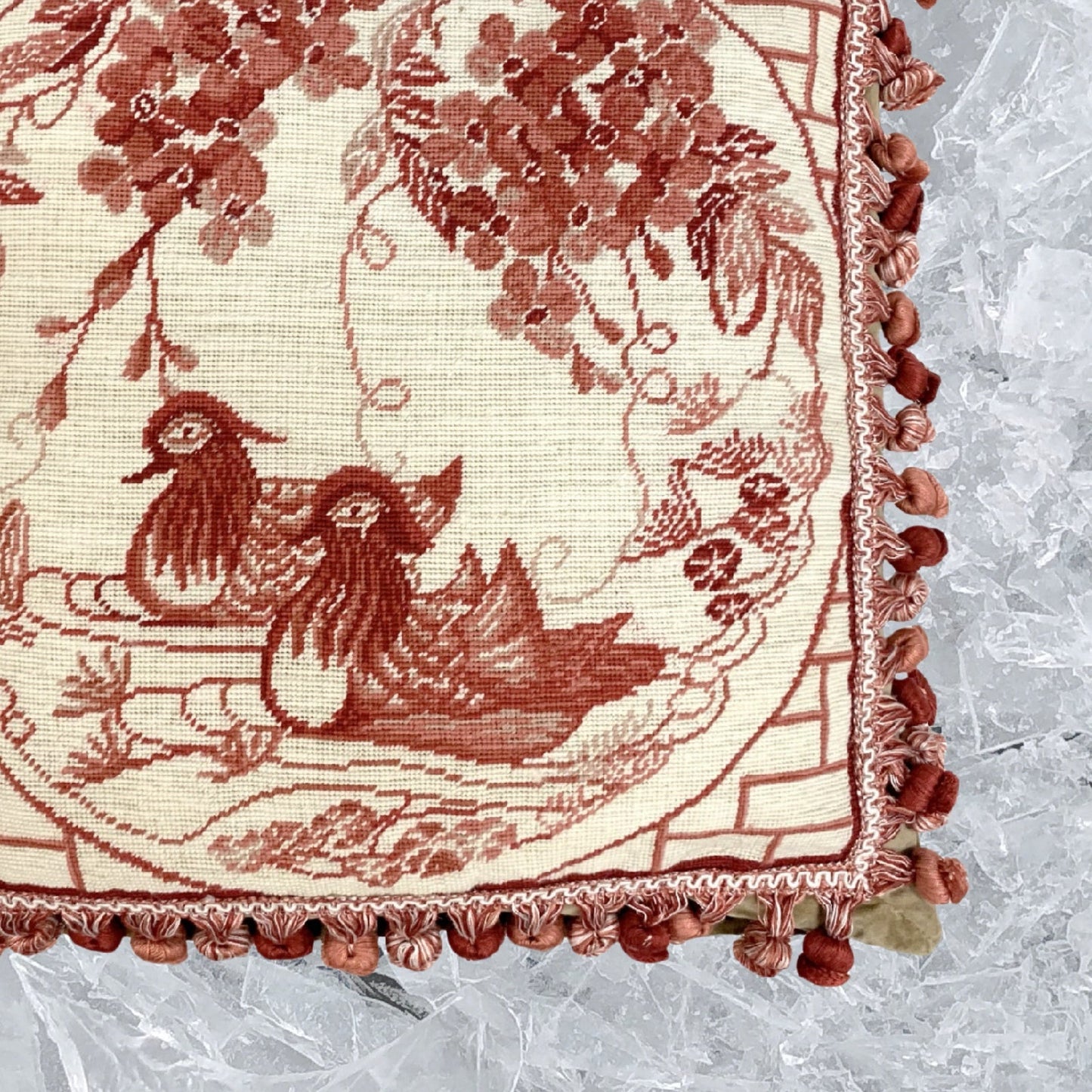 Handmade Wool Needlepoint Pillow Cover - Decorative Throw Cushion Cover - Vintage Floral Embroidery Design  red Manderain Ducks plum flowers with tassels