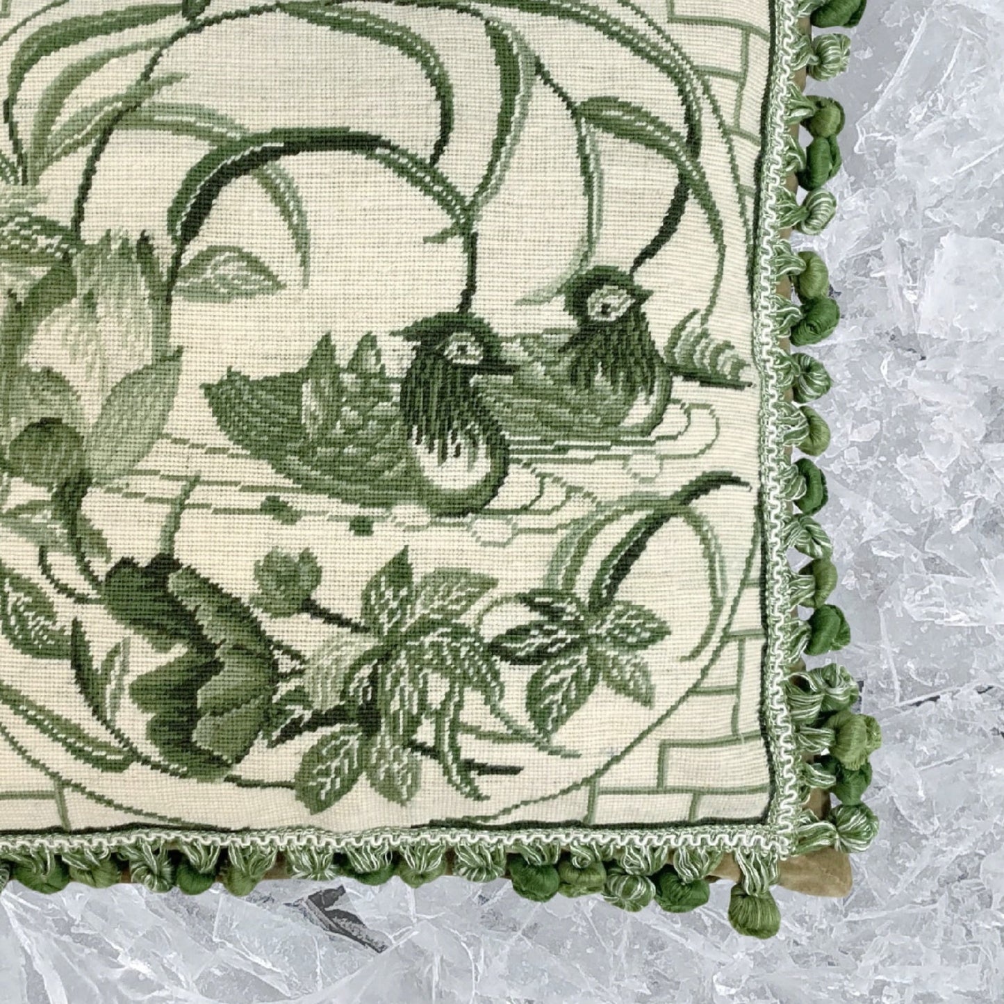 Handmade Wool Needlepoint Pillow Cover - Decorative Throw Cushion Cover - Vintage Floral Embroidery Design  green Manderain Ducks lotus flower with tassels