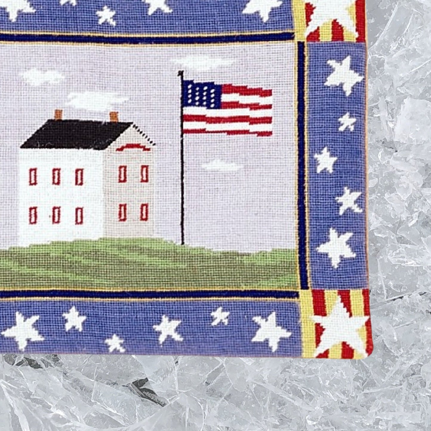 Handmade Wool Needlepoint Pillow Cover - Decorative Throw Cushion Cover - Vintage Floral Embroidery Design house & flag 4 stars on the 4 corner