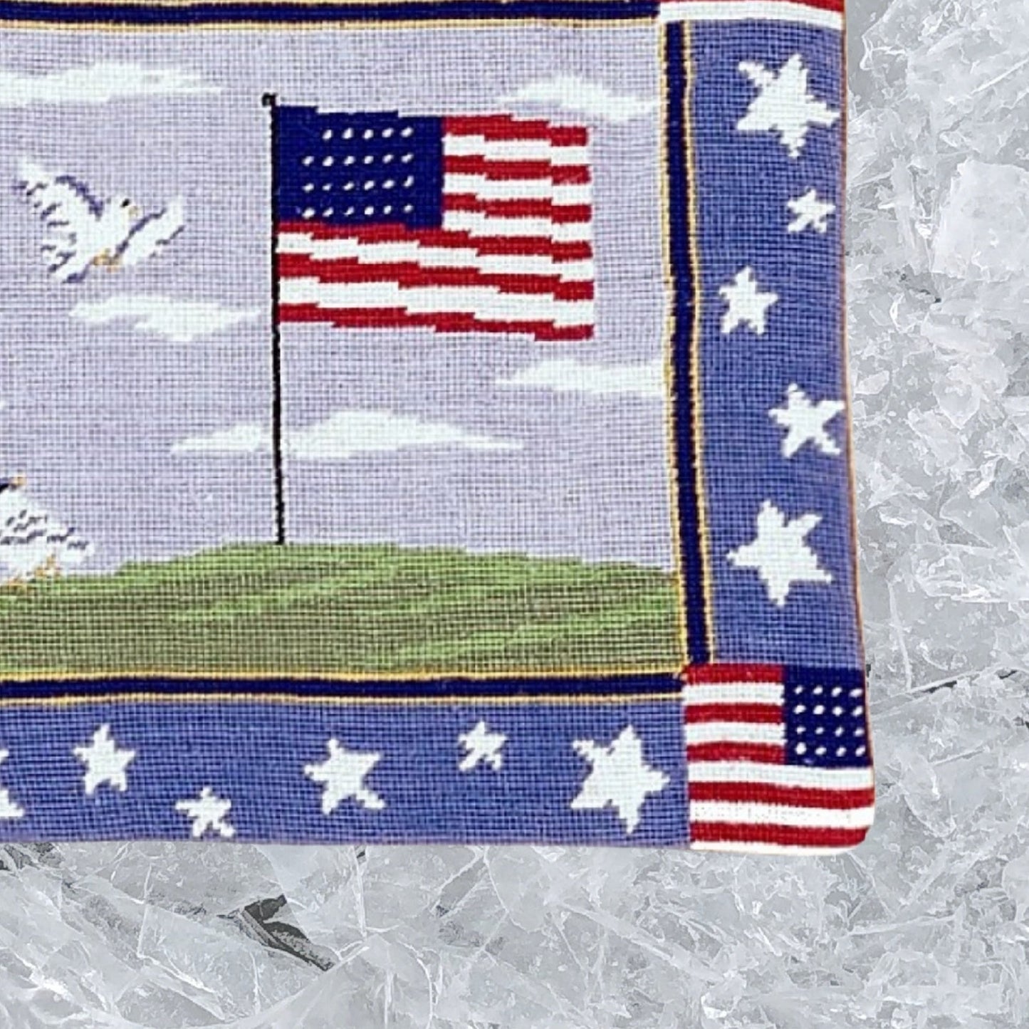 Handmade Wool Needlepoint Pillow Cover - Decorative Throw Cushion Cover - Vintage Floral Embroidery Design center flag  & 4 corner 4 flags