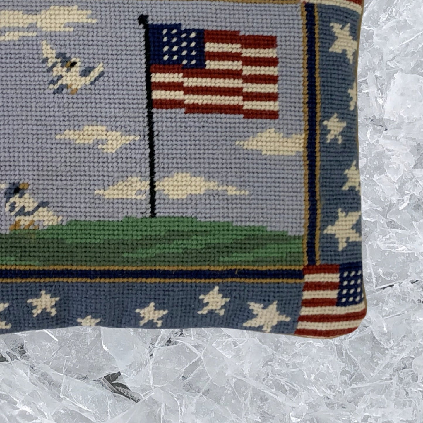 Handmade Wool Needlepoint Pillow Cover - Decorative Throw Cushion Cover - Vintage Floral Embroidery Design center flag & 4 flags on 4 corners