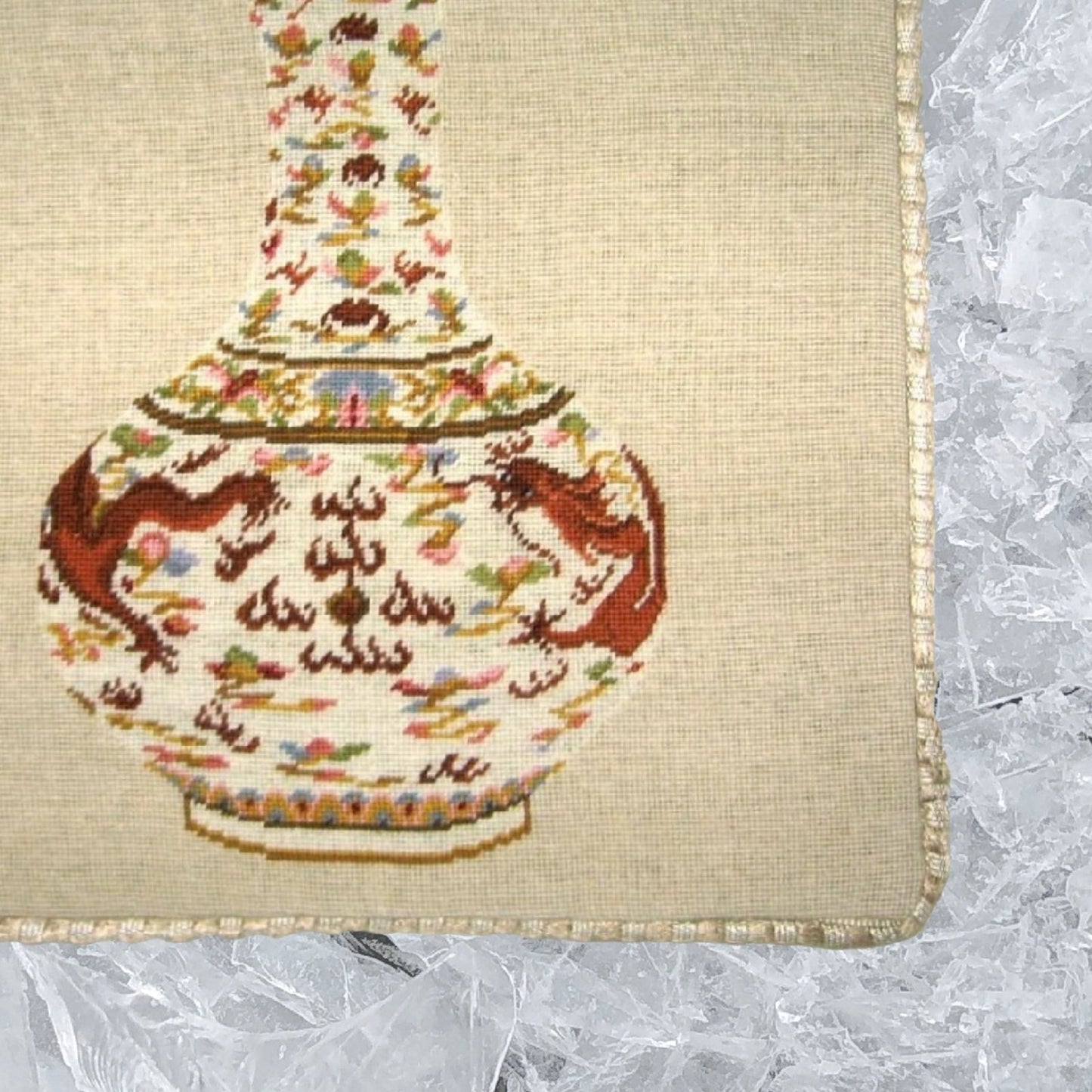 Handmade Wool Needlepoint Pillow Cover - Decorative Throw Cushion Cover - Vintage Floral Embroidery Design  Ming dynasty dragon vast with cording