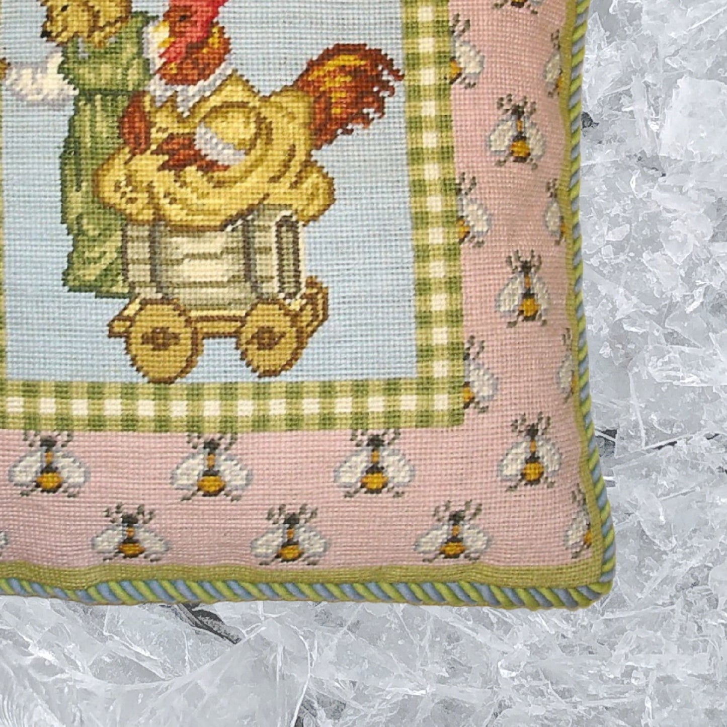 Handmade Wool Needlepoint Pillow Cover - Decorative Throw Cushion Cover - Vintage Floral Embroidery Design bear & chicken bees on the board blue green cording