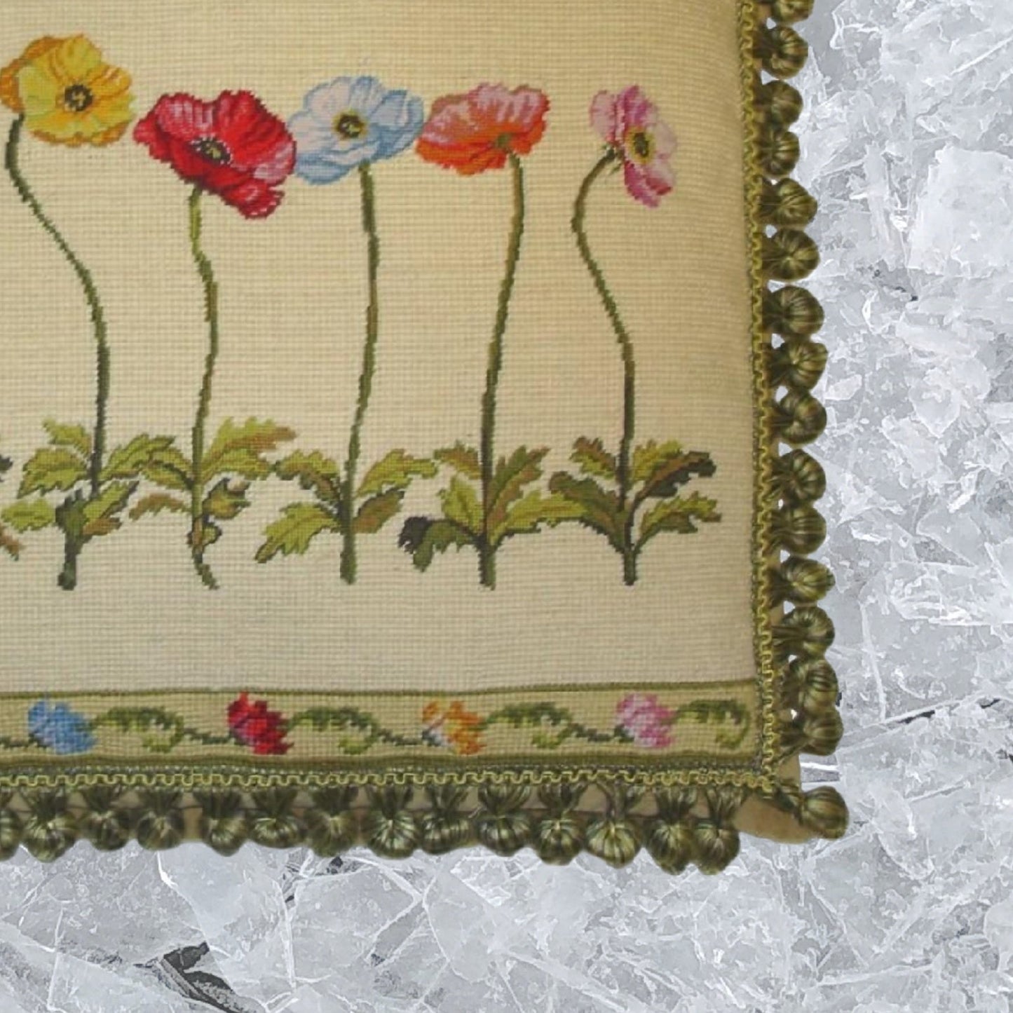 Handmade Wool Needlepoint Pillow Cover - Decorative Throw Cushion Cover - Vintage Floral Embroidery Design  with 2 color tassel