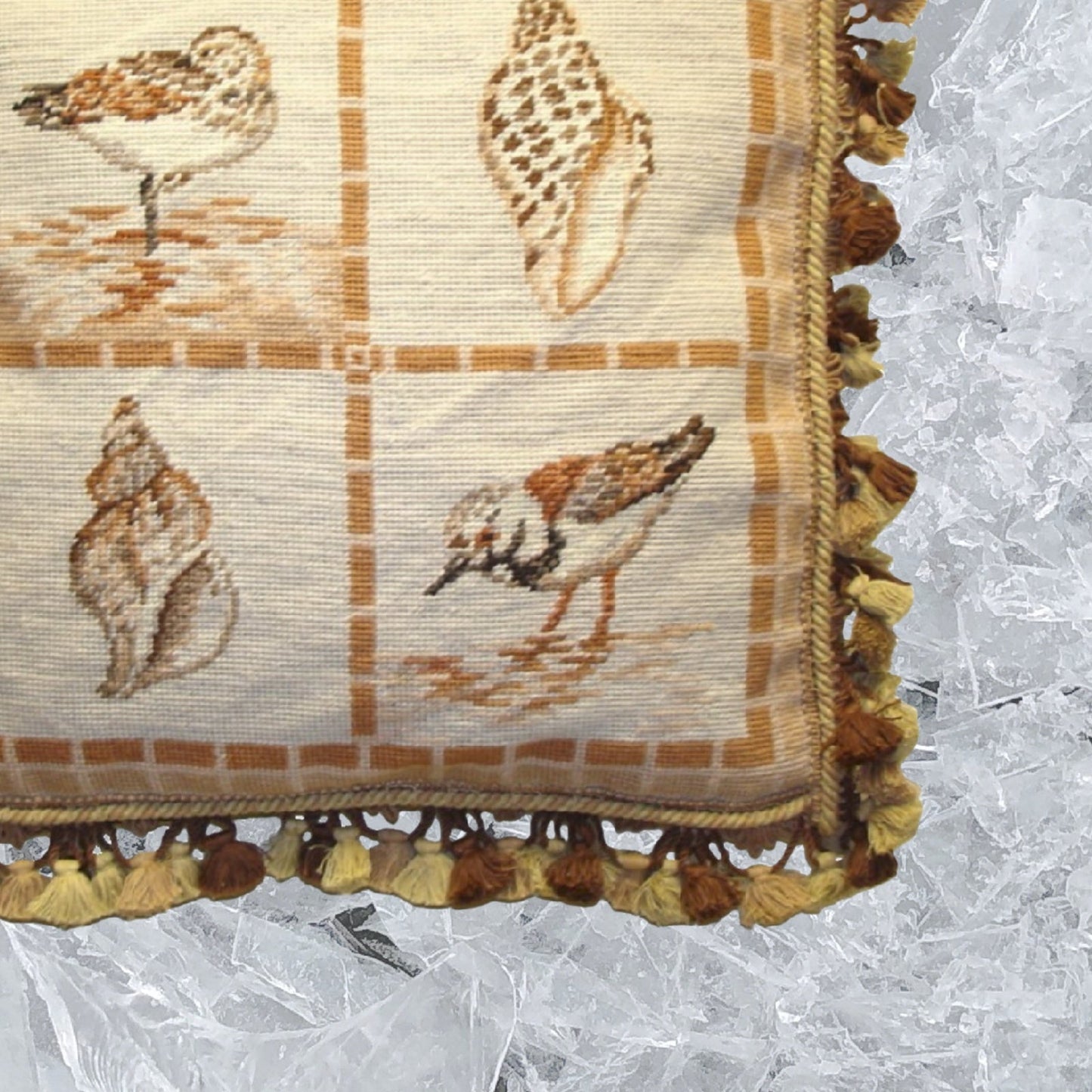 Handmade Wool Needlepoint Pillow Cover - Decorative Throw Cushion Cover - Vintage Floral Embroidery Design stone shells and birds with tassel