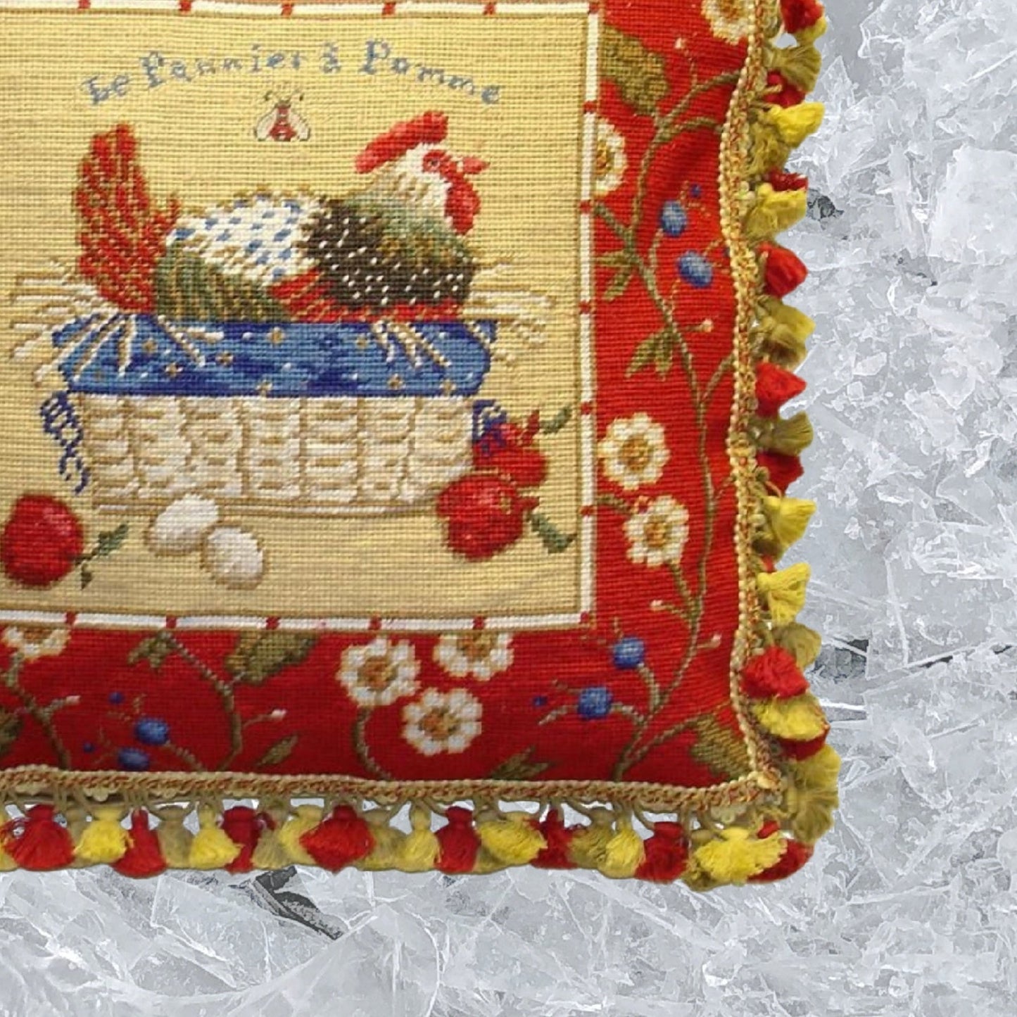 Handmade Wool Needlepoint Pillow Cover - Decorative Throw Cushion Cover - Vintage Floral Embroidery Design SudiMcCollums design Le Panier a Pomme, with  bea and 3 color tassel