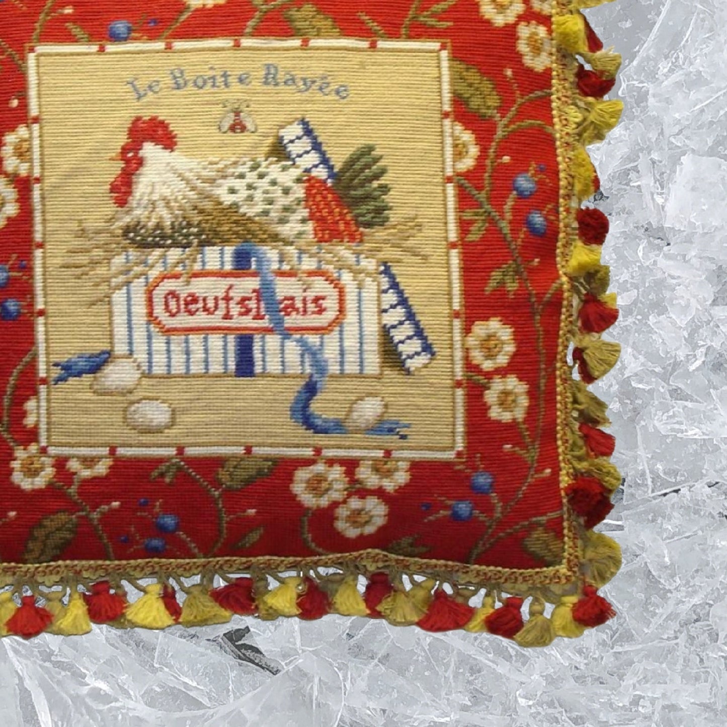 Handmade Wool Needlepoint Pillow Cover - Decorative Throw Cushion Cover - Vintage Floral Embroidery Design Sudi McCollums designLe Boite Rayee with  bee and 3 color tassel