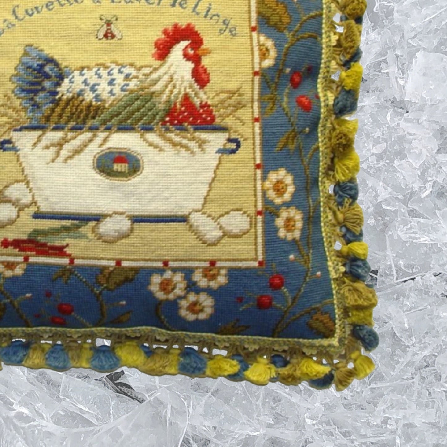 Handmade Wool Needlepoint Pillow Cover - Decorative Throw Cushion Cover - Vintage Floral Embroidery Design Sudi McCollums designLa Cuvette a Laver le Linge with  bee and 3 color tassel