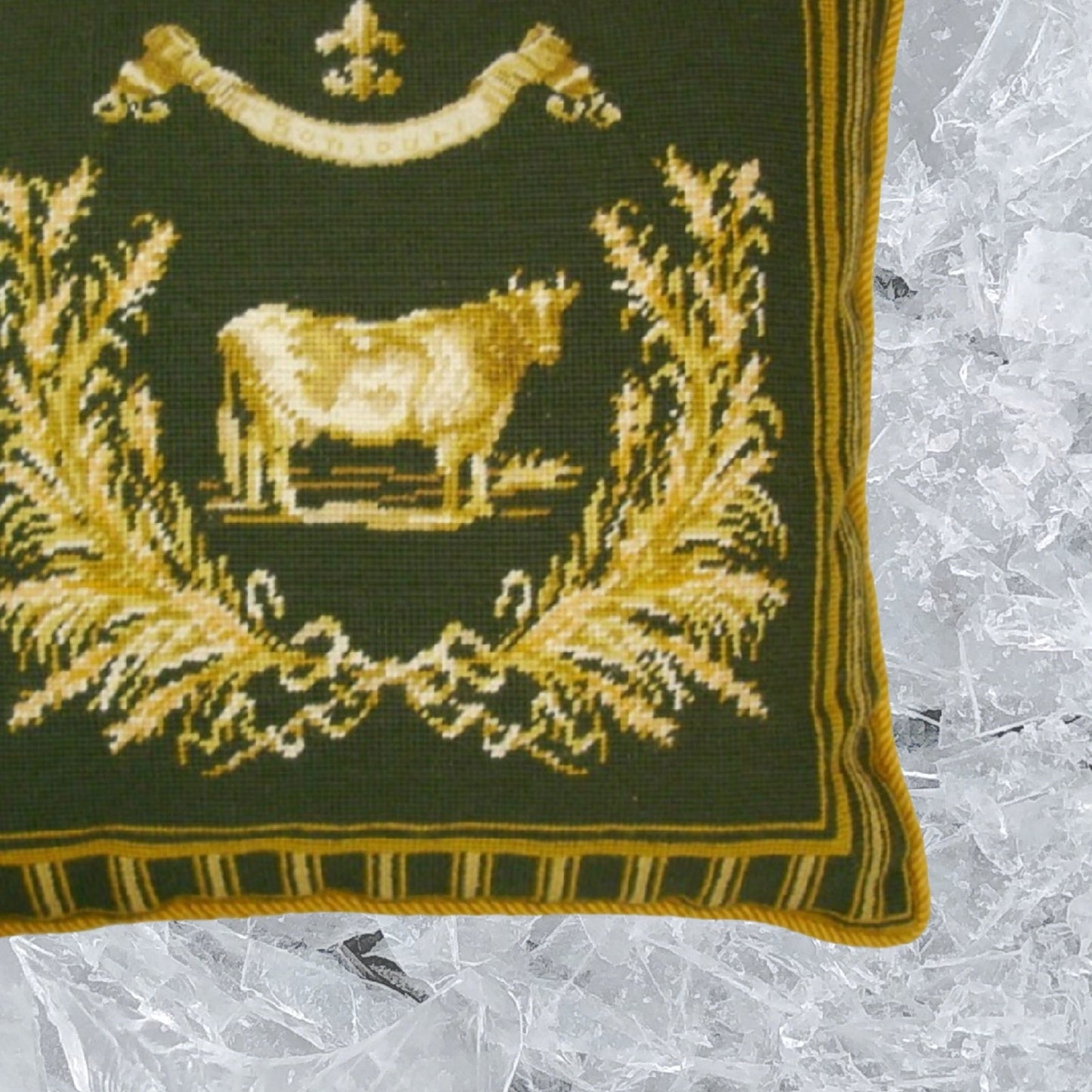 Handmade Wool Needlepoint Pillow Cover - Decorative Throw Cushion Cover - Vintage Floral Embroidery Design Gayle Bighouse design french County Cow, green