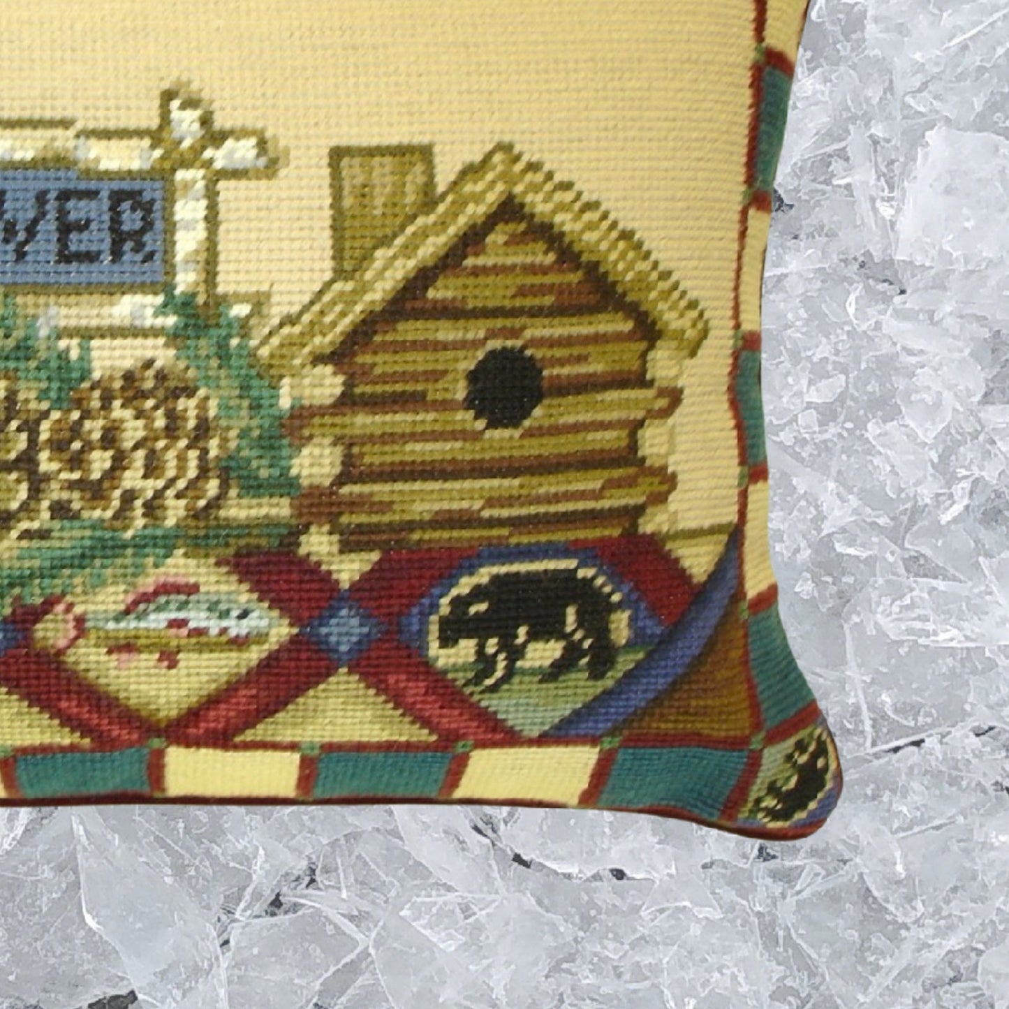 Handmade Wool Needlepoint Pillow Cover - Decorative Throw Cushion Cover - Vintage Floral Embroidery Design Laurie Kosgaden designCabin Fever