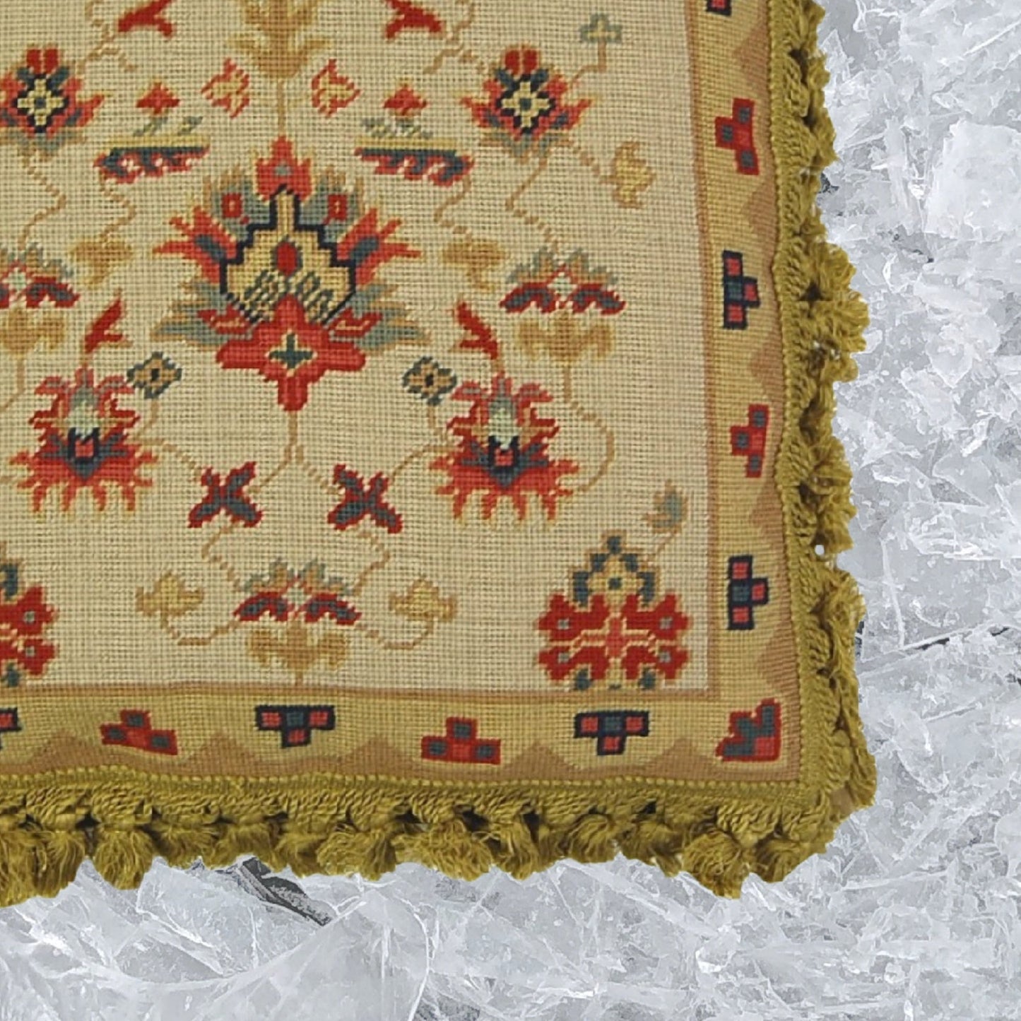 Handmade Wool Needlepoint Pillow Cover - Decorative Throw Cushion Cover - Vintage Floral Embroidery Design Turkish gold/red designs with gold tassels