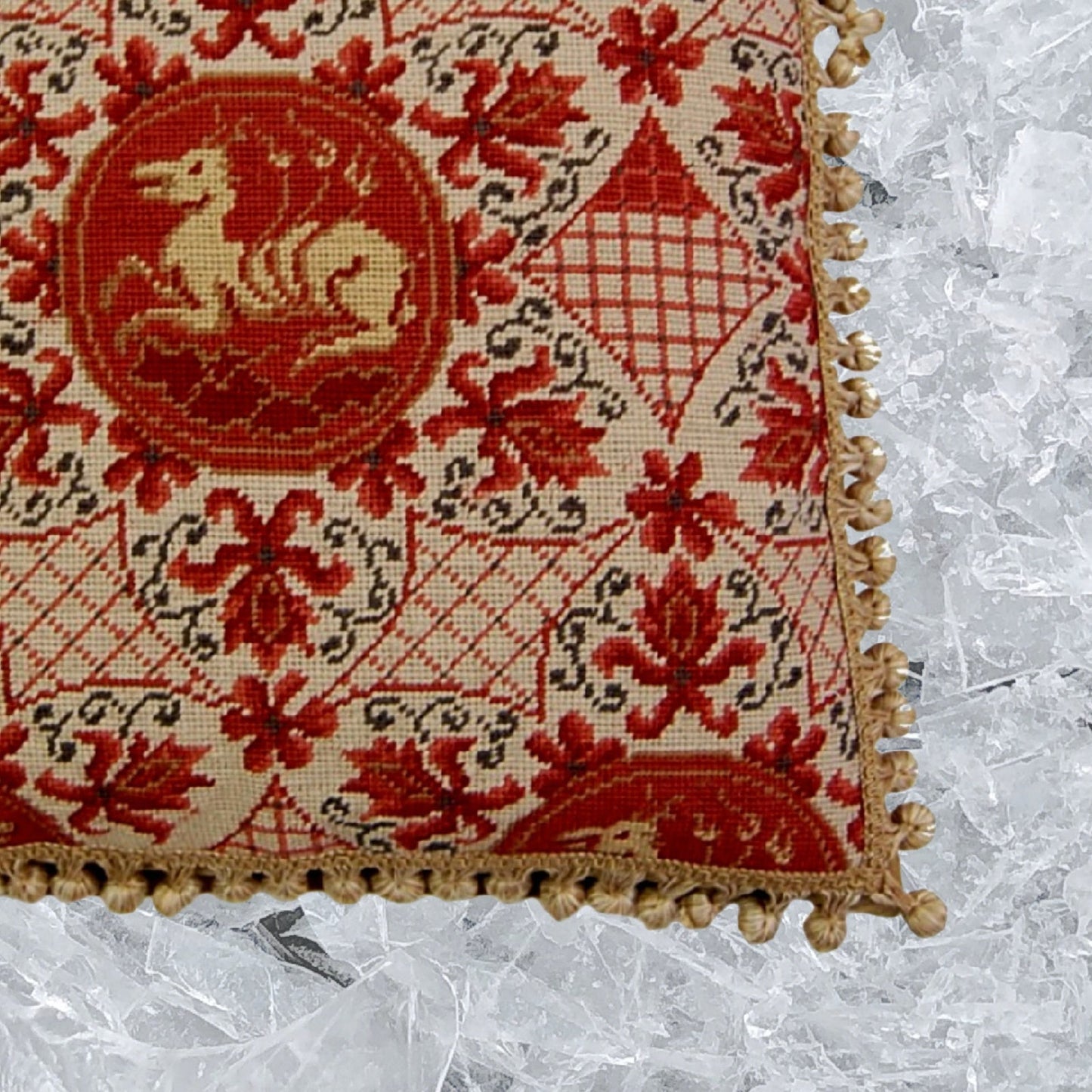 Handmade Wool Needlepoint Pillow Cover - Decorative Throw Cushion Cover - Vintage Floral Embroidery Design red ancient dogs with tassels I