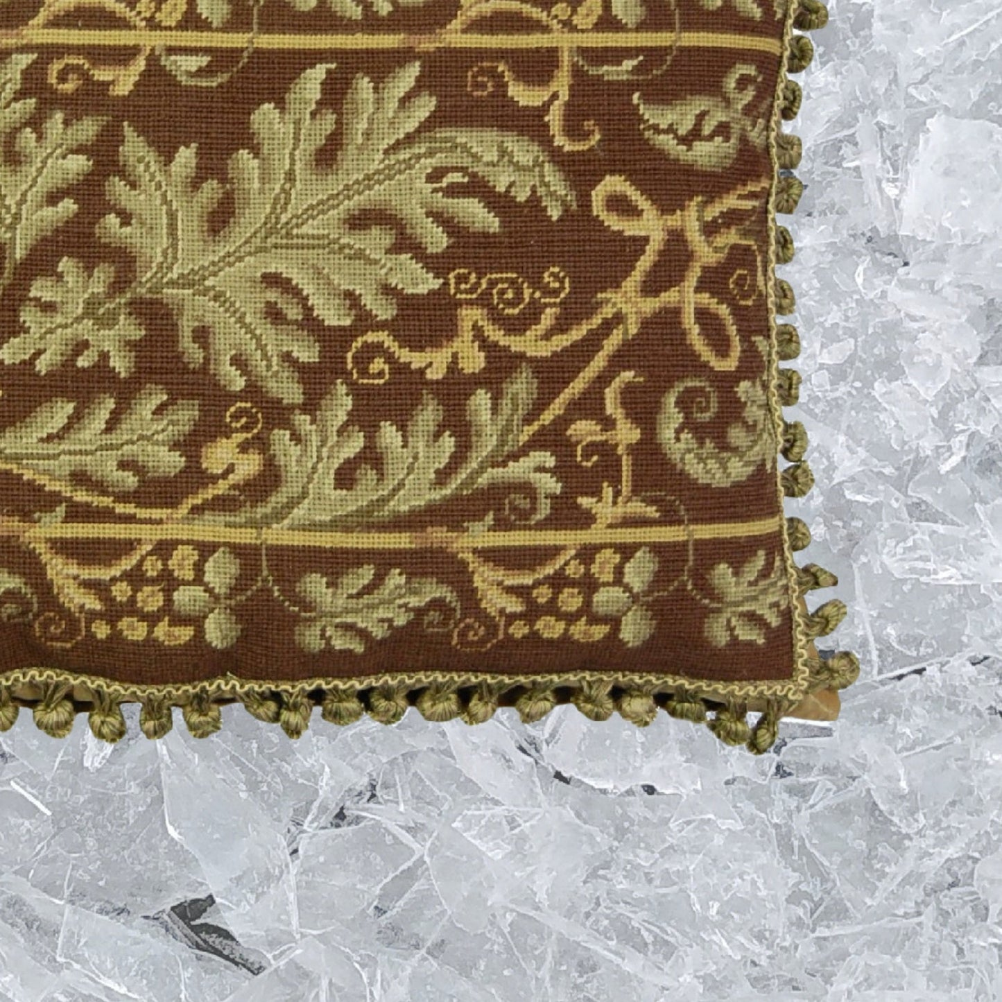 Handmade Wool Needlepoint Pillow Cover - Decorative Throw Cushion Cover - Vintage Floral Embroidery Design olive-brown grape leaves with 2 color tassel