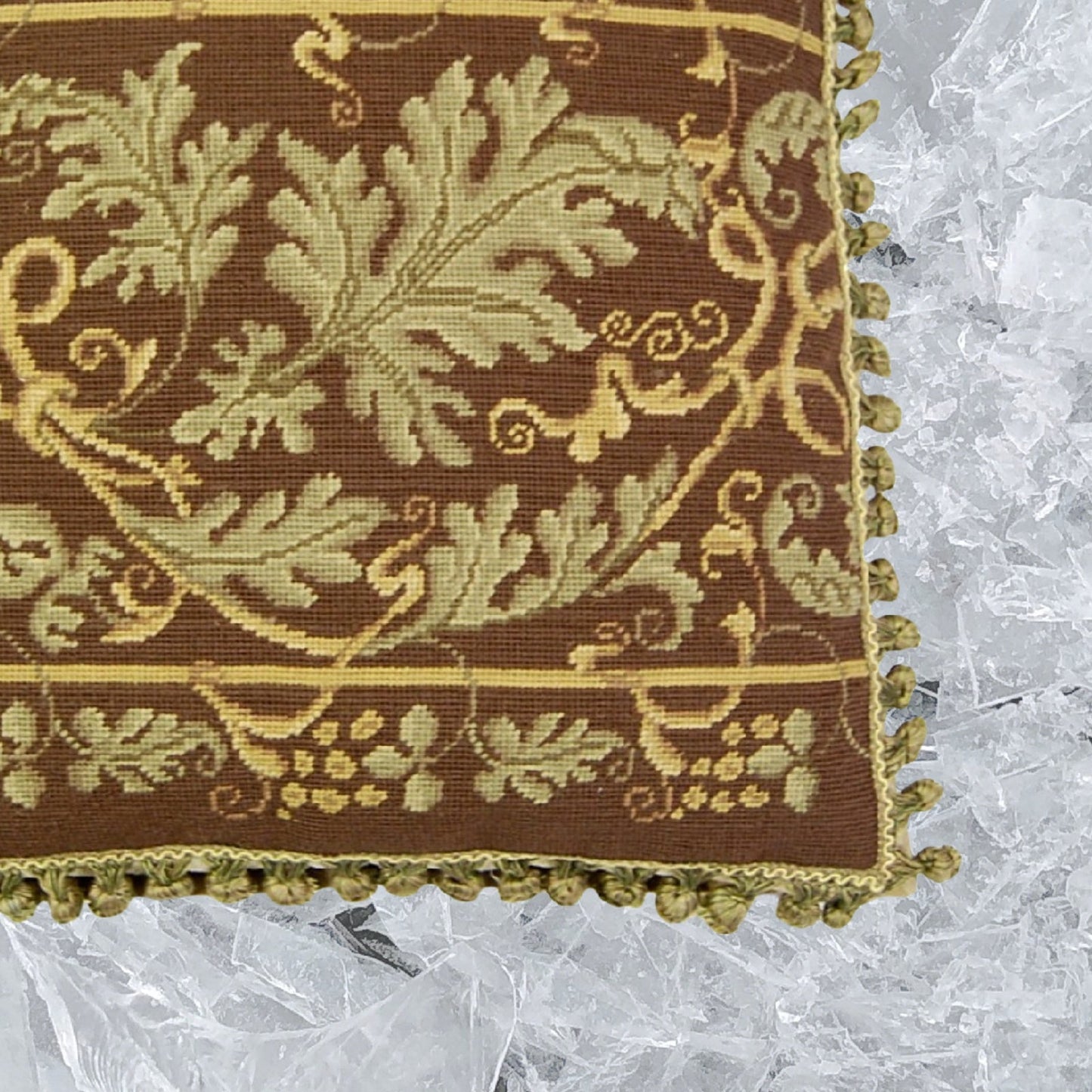 Handmade Wool Needlepoint Pillow Cover - Decorative Throw Cushion Cover - Vintage Floral Embroidery Design olive-brown grapes leave with 2 color tassels