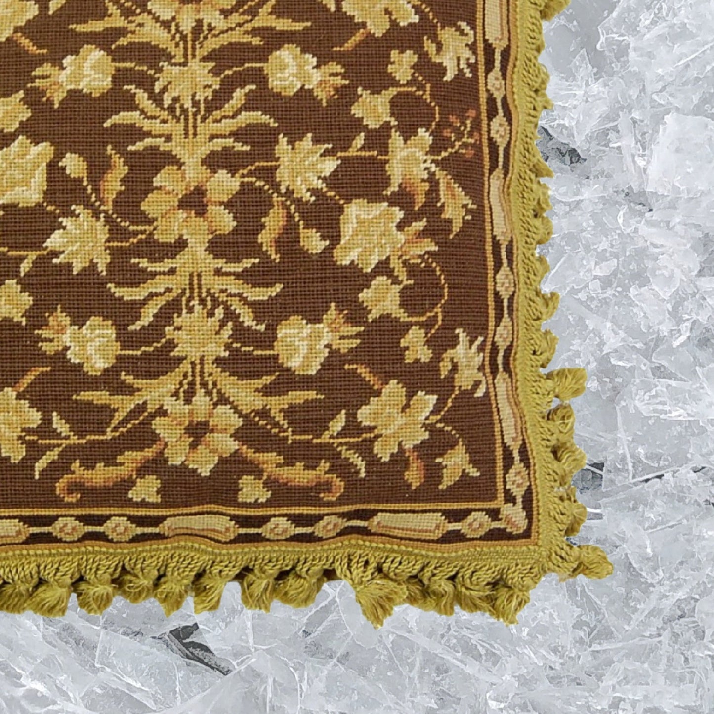 Handmade Wool Needlepoint Pillow Cover - Decorative Throw Cushion Cover - Vintage Floral Embroidery Design milk brown-gold samll leaves with tassels