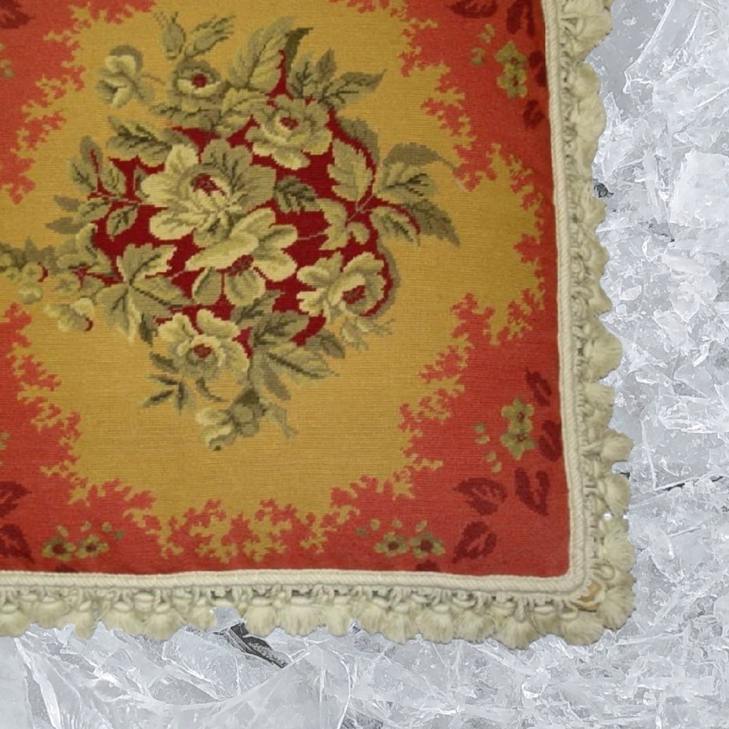 Handmade Wool Needlepoint Pillow Cover - Decorative Throw Cushion Cover - Vintage Floral Embroidery Design All  central floral red frame with nature tassels