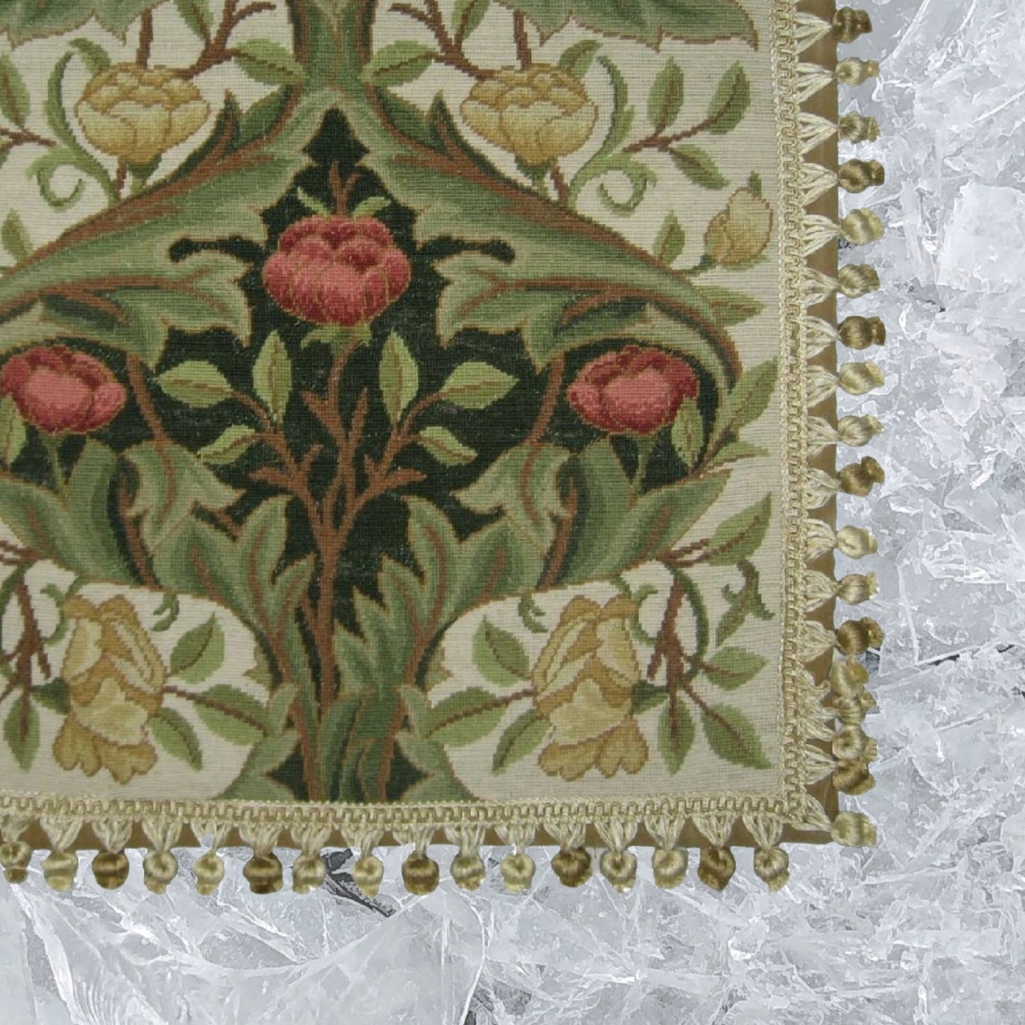 Handmade Wool Needlepoint Pillow Cover - Decorative Throw Cushion Cover - Vintage Floral Embroidery Design  old roses dark green center with tassels