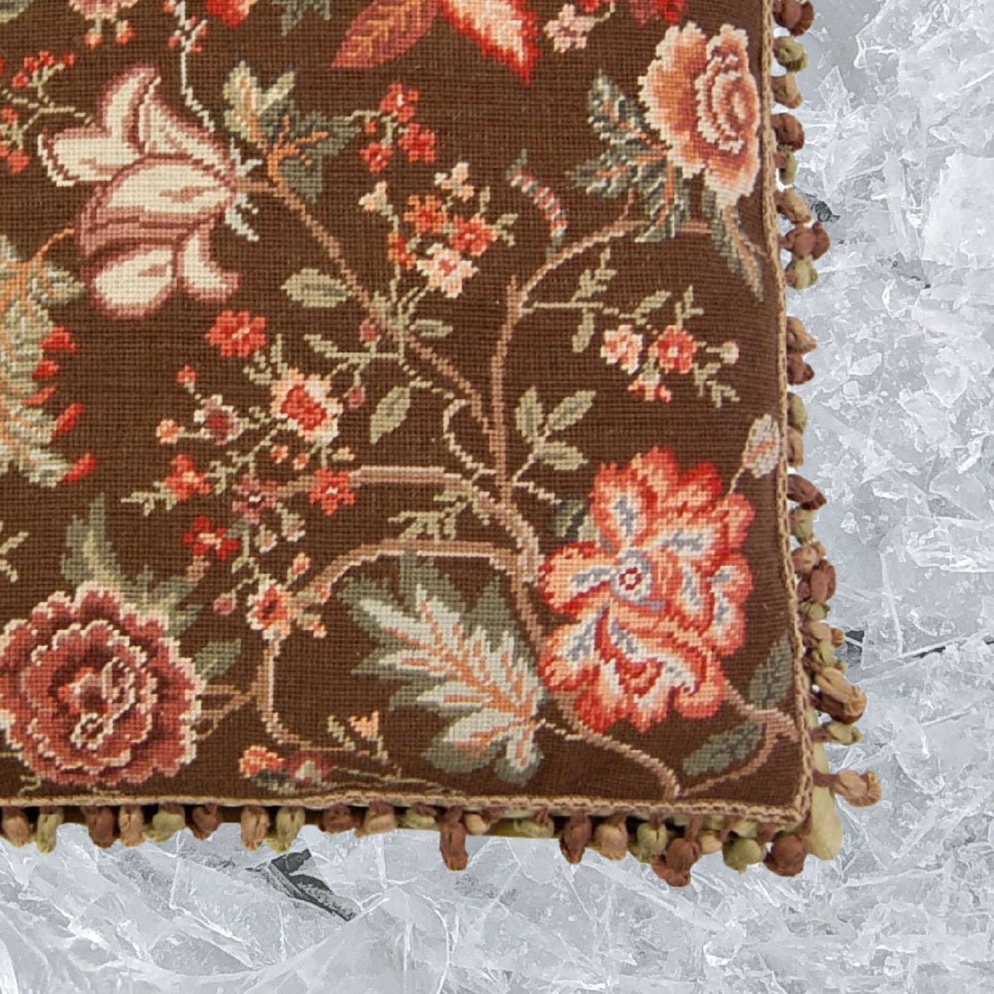 Handmade Wool Needlepoint Pillow Cover - Decorative Throw Cushion Cover - Vintage Floral Embroidery Design tropical floral with 3 color tassel