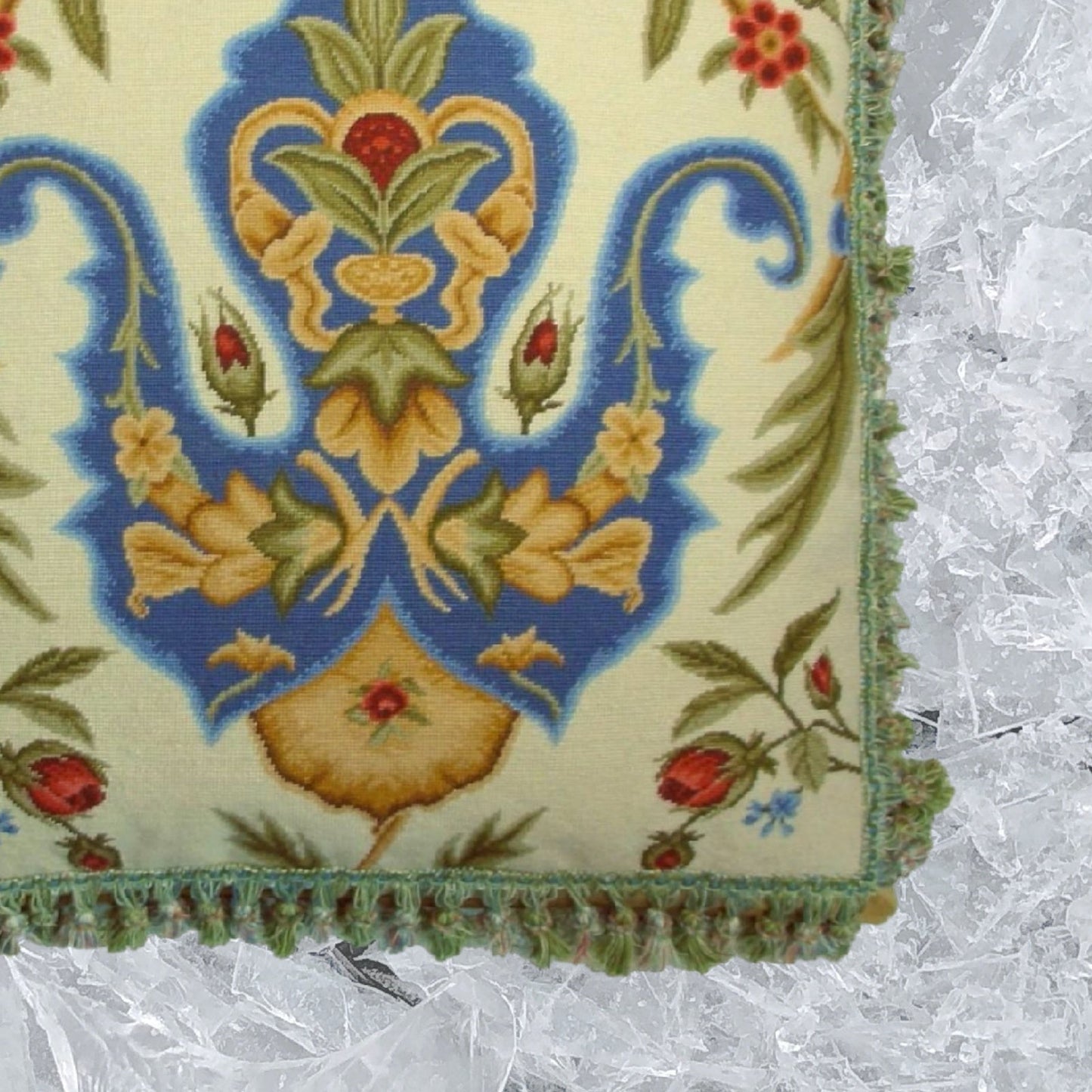 Handmade Wool Needlepoint Pillow Cover - Decorative Throw Cushion Cover - Vintage Floral Embroidery Design  blue tulip red roses with tassels