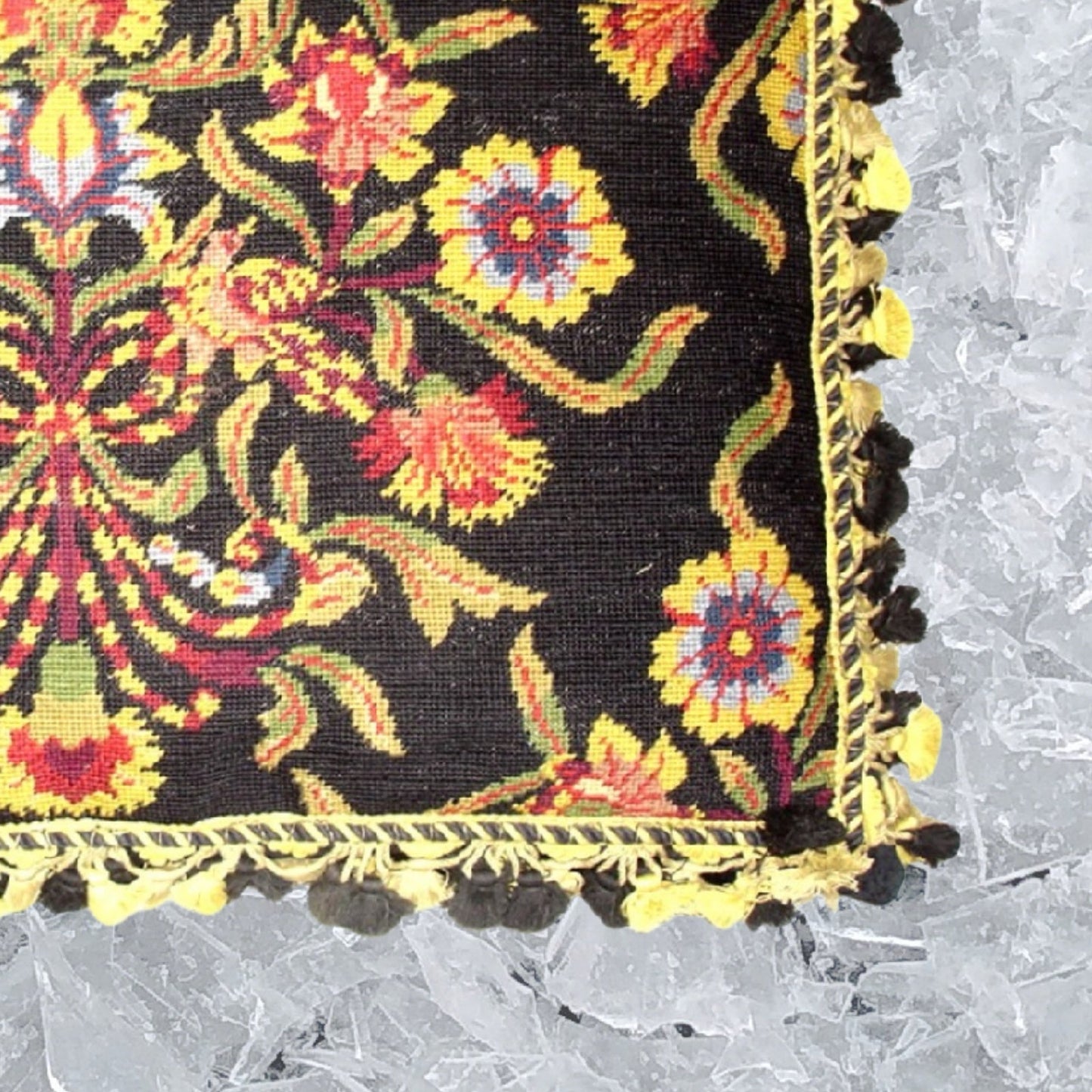 Handmade Wool Needlepoint Pillow Cover - Decorative Throw Cushion Cover - Vintage Floral Embroidery Design William Morris design black with 3 color tassel