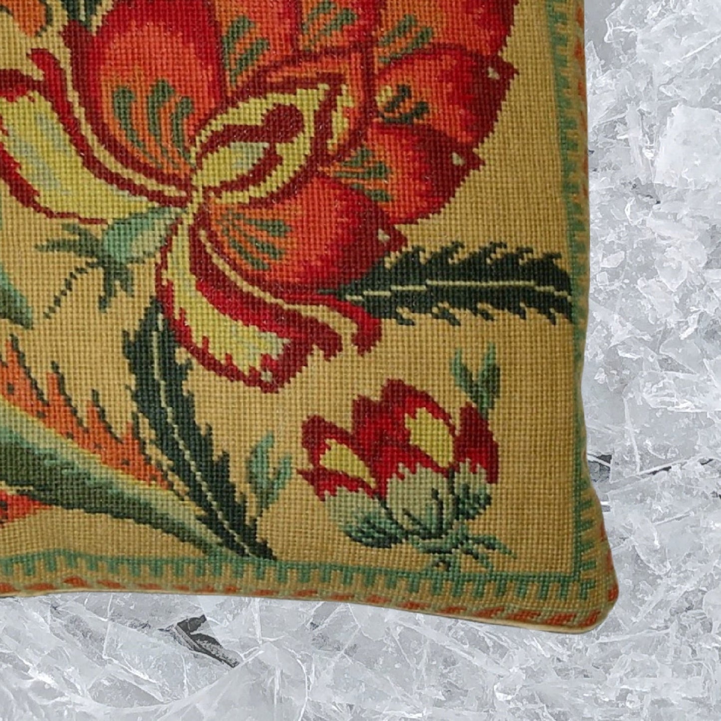 Handmade Wool Needlepoint Pillow Cover - Decorative Throw Cushion Cover - Vintage Floral Embroidery Design flower in shade of rich gold, red, green