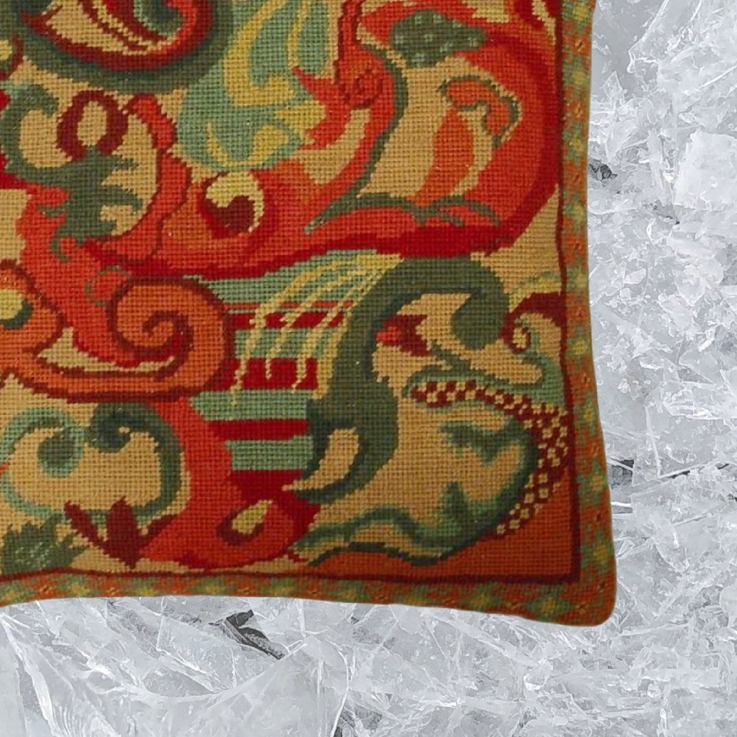 Handmade Wool Needlepoint Pillow Cover - Decorative Throw Cushion Cover - Vintage Floral Embroidery Design cloudy in shade of rich gold, red, green