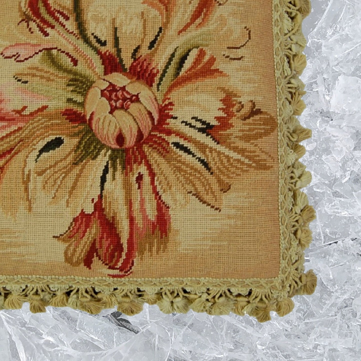 Handmade Wool Needlepoint Pillow Cover - Decorative Throw Cushion Cover - Vintage Floral Embroidery Design  Corn Flower center with tassel