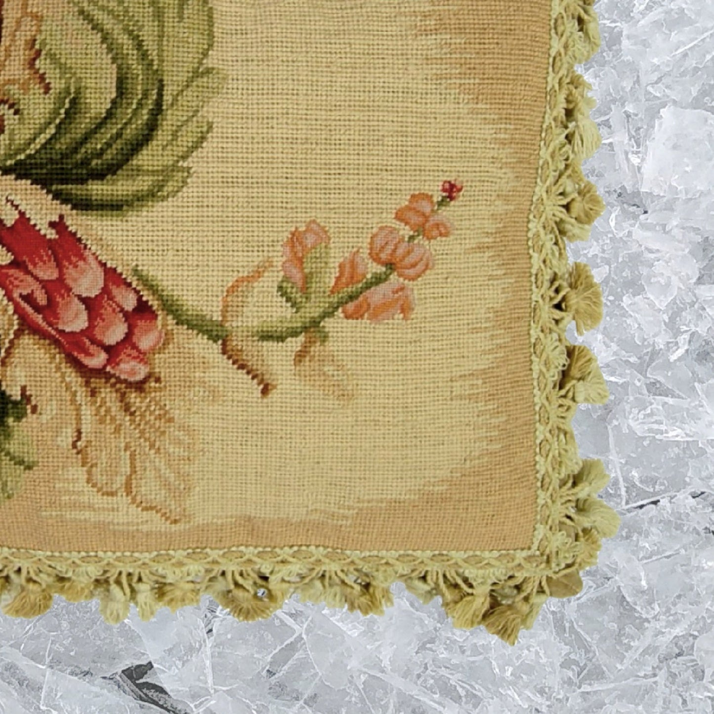 Handmade Wool Needlepoint Pillow Cover - Decorative Throw Cushion Cover - Vintage Floral Embroidery Design Corn blooming side with tassel