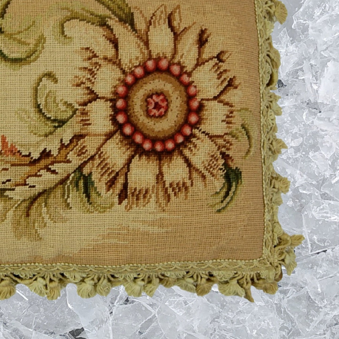 Handmade Wool Needlepoint Pillow Cover - Decorative Throw Cushion Cover - Vintage Floral Embroidery Design Wheat flower side with tassels