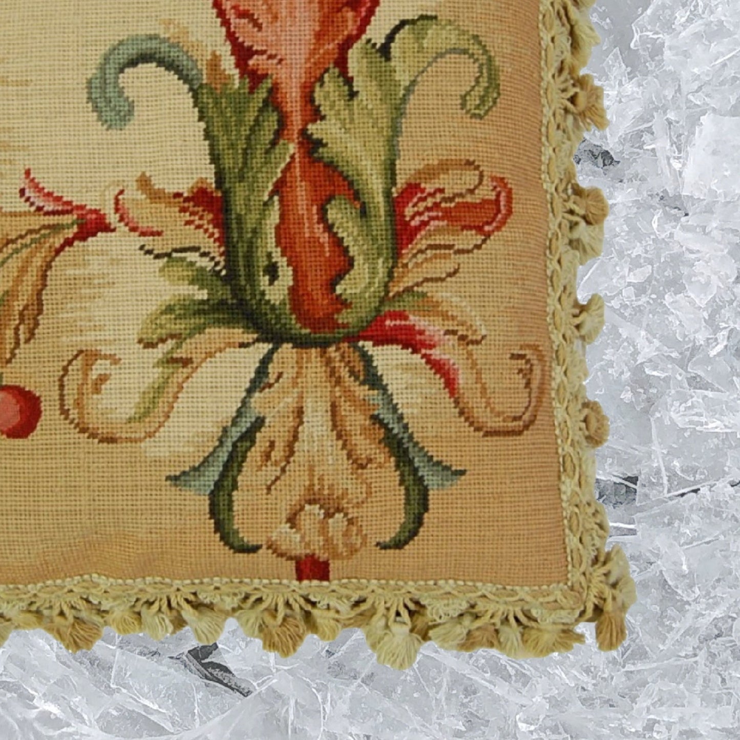 Handmade Wool Needlepoint Pillow Cover - Decorative Throw Cushion Cover - Vintage Floral Embroidery Design  Wheat blooming single with tassels