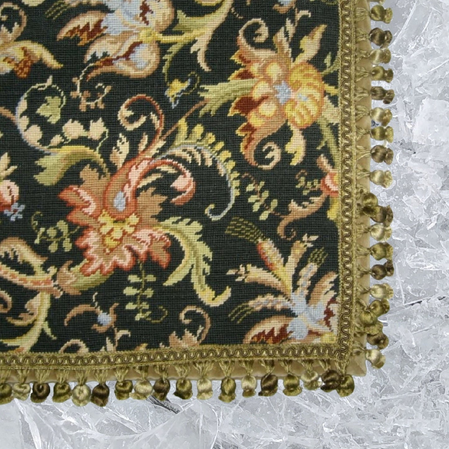 Handmade Wool Needlepoint Pillow Cover - Decorative Throw Cushion Cover - Vintage Floral Embroidery Design wheat flower blooming in summer midnight washed black back with tassels