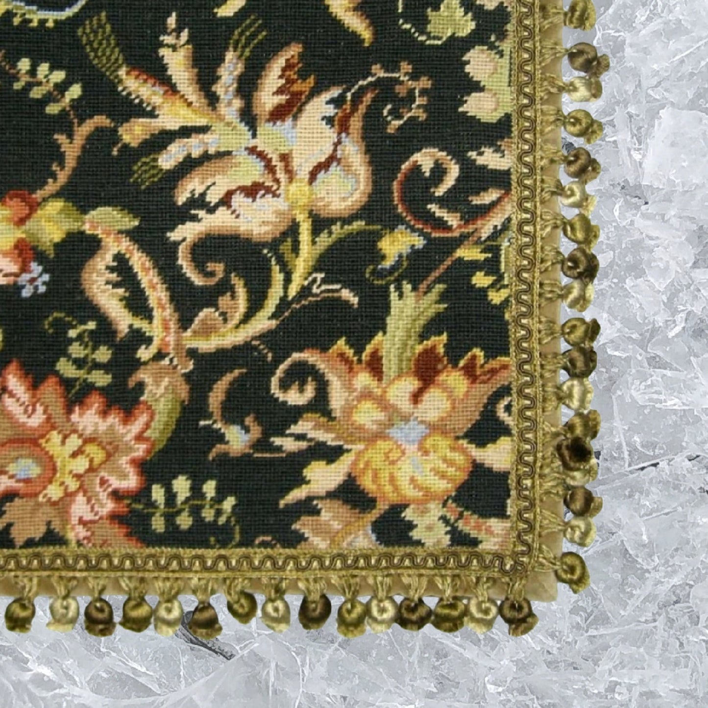 Handmade Wool Needlepoint Pillow Cover - Decorative Throw Cushion Cover - Vintage Floral Embroidery Design wheat flower blooming in autumn midnight washed black back with tassels